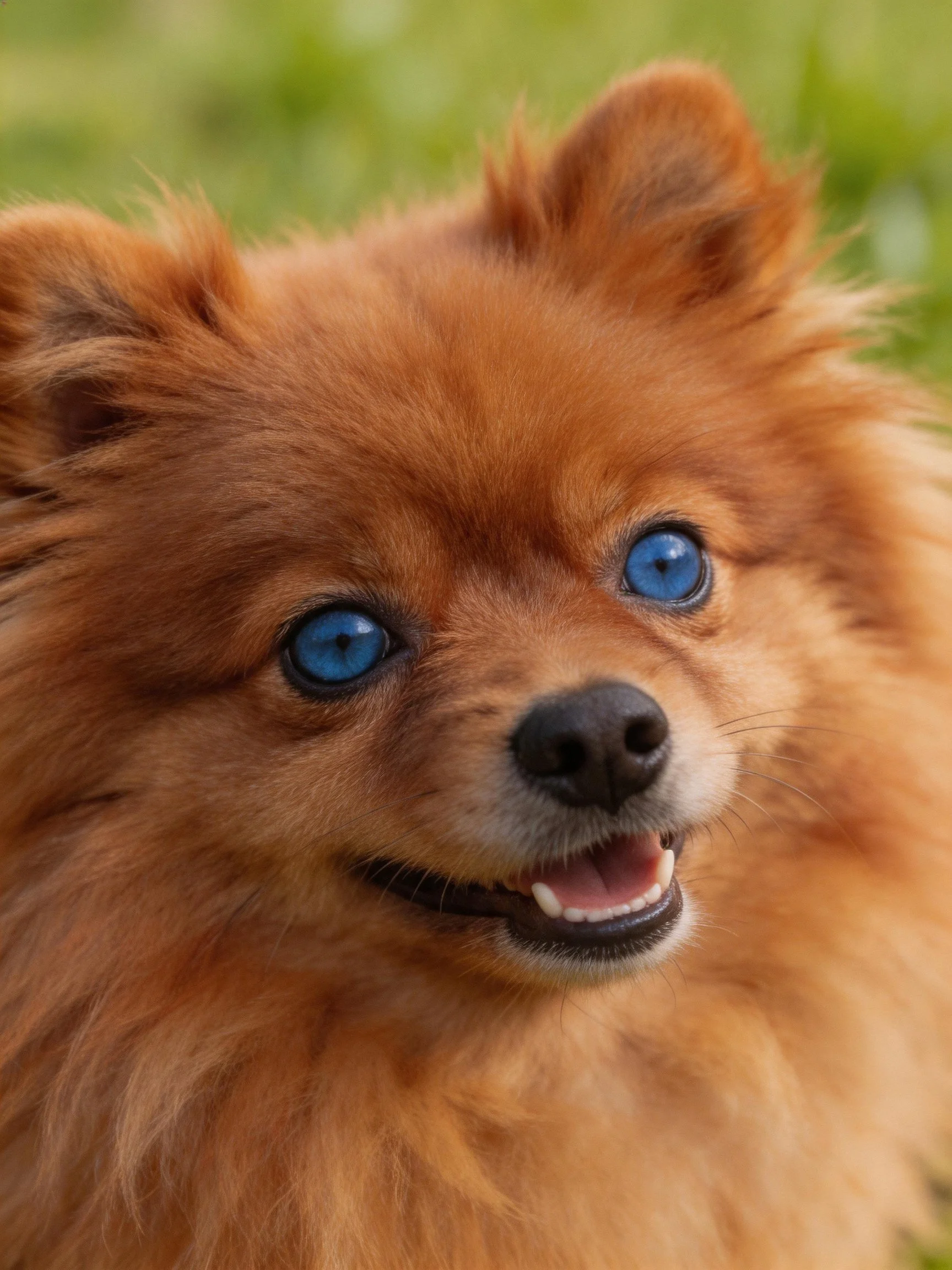 A cheerful Pomeranian with bright blue eyes and fluffy reddish-brown fur