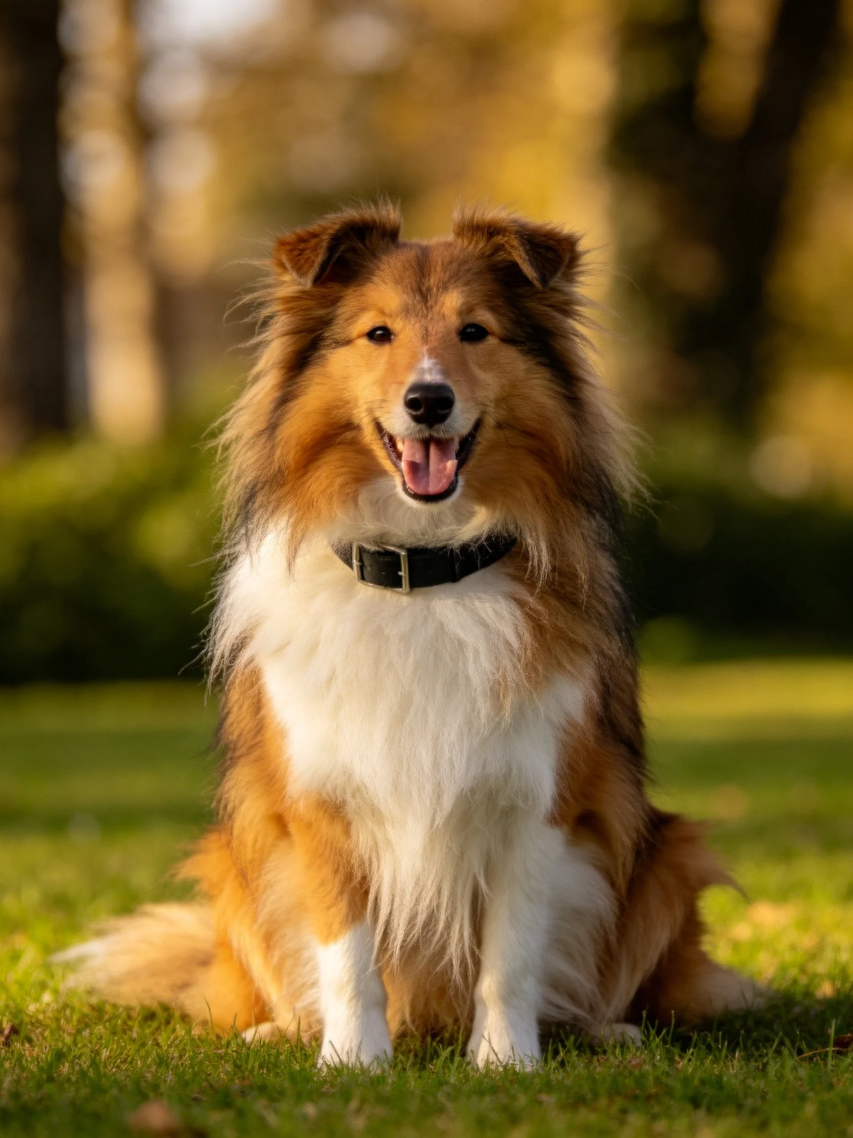 A cheerful Sheltie with brown and white fur sits on green grass