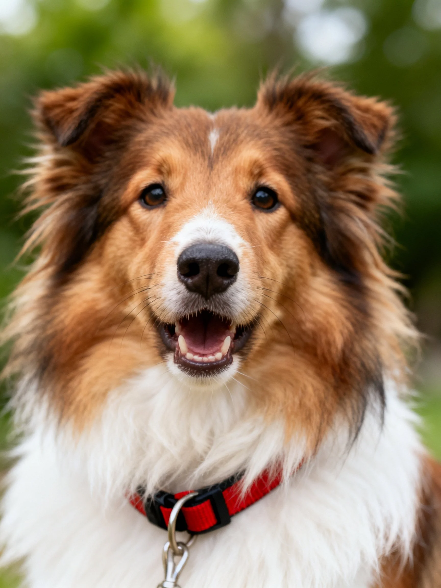 A cheerful Shetland Sheepdog with brown and white fur and a red collar