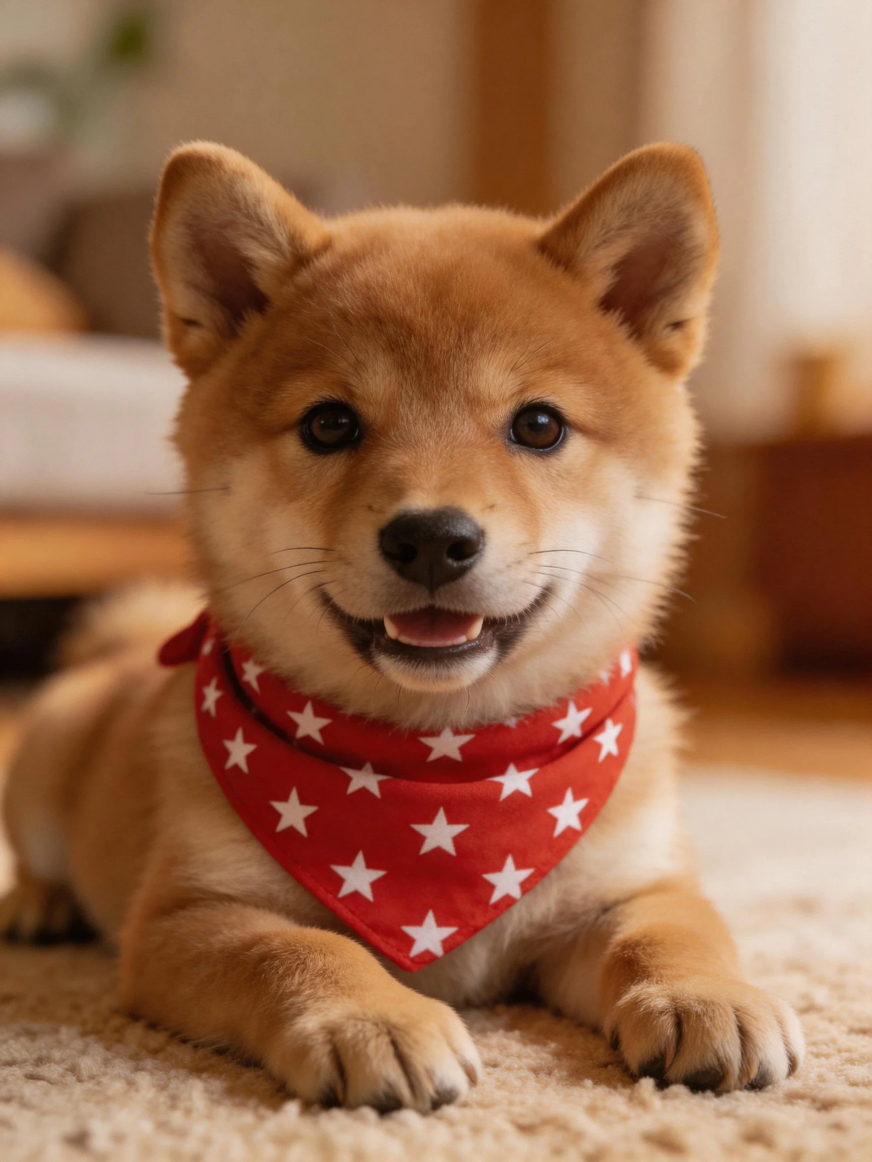 A cheerful Shiba Inu puppy wearing a red star-patterned bandana