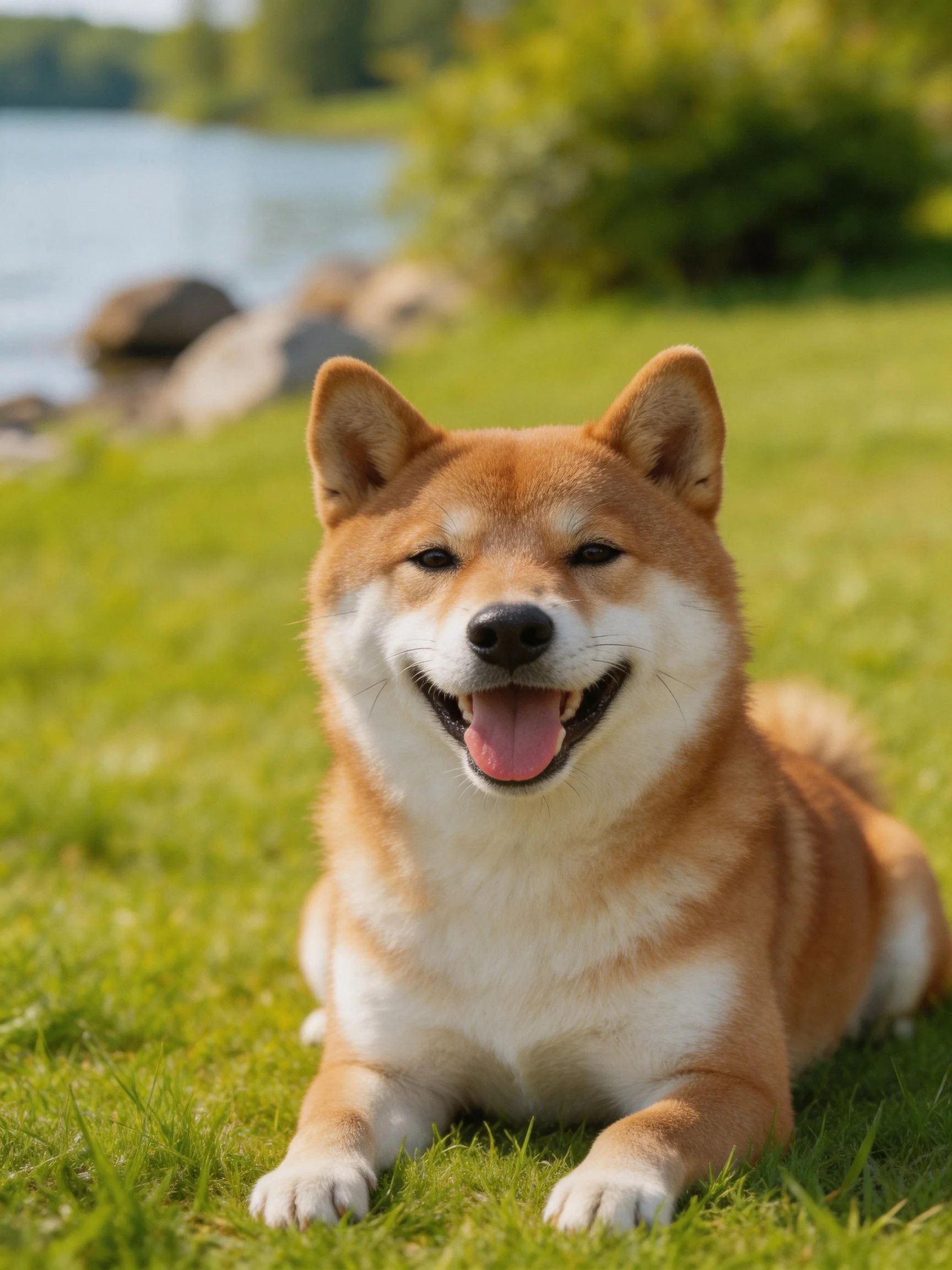 A cheerful Shiba Inu rests on lush green grass by a calm body of water
