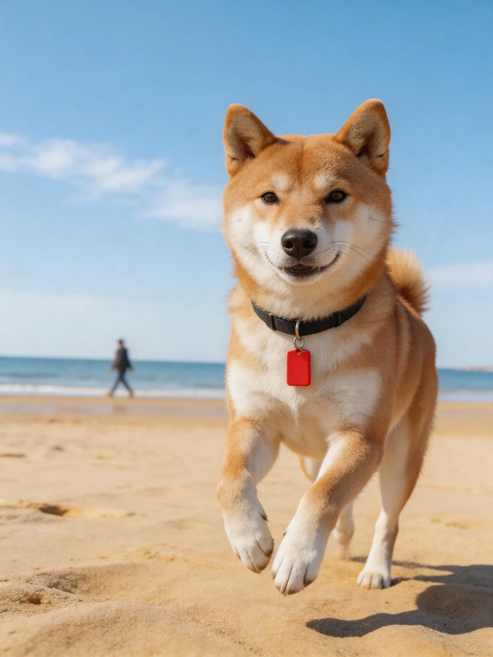 A cheerful Shiba Inu runs on golden sand near the ocean