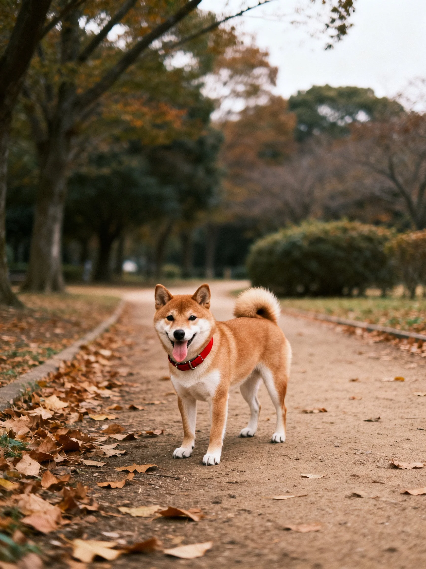 A cheerful Shiba Inu stands on an autumn leaf-covered path
