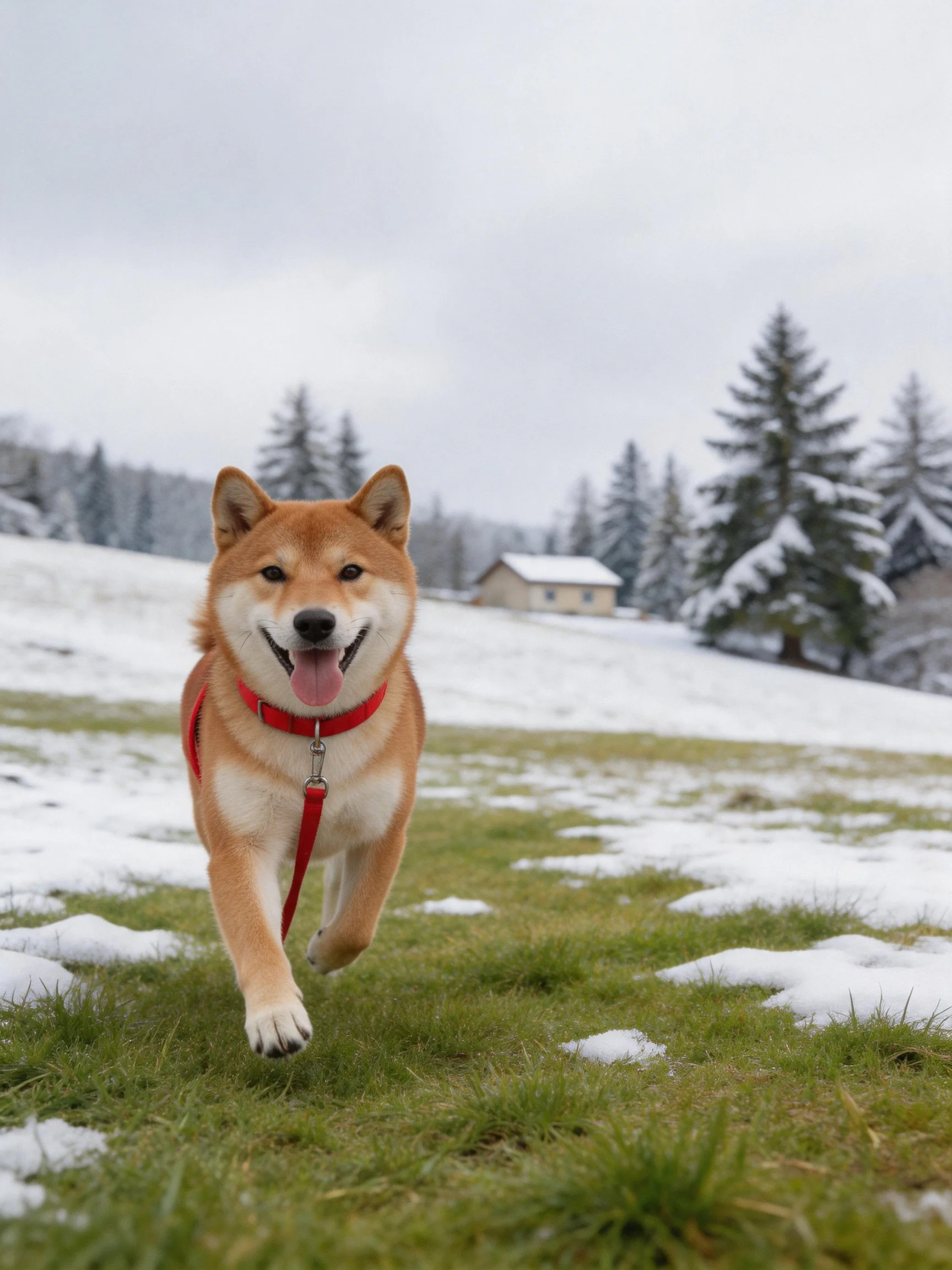 A happy Shiba Inu runs toward the camera in a snowy outdoor setting.