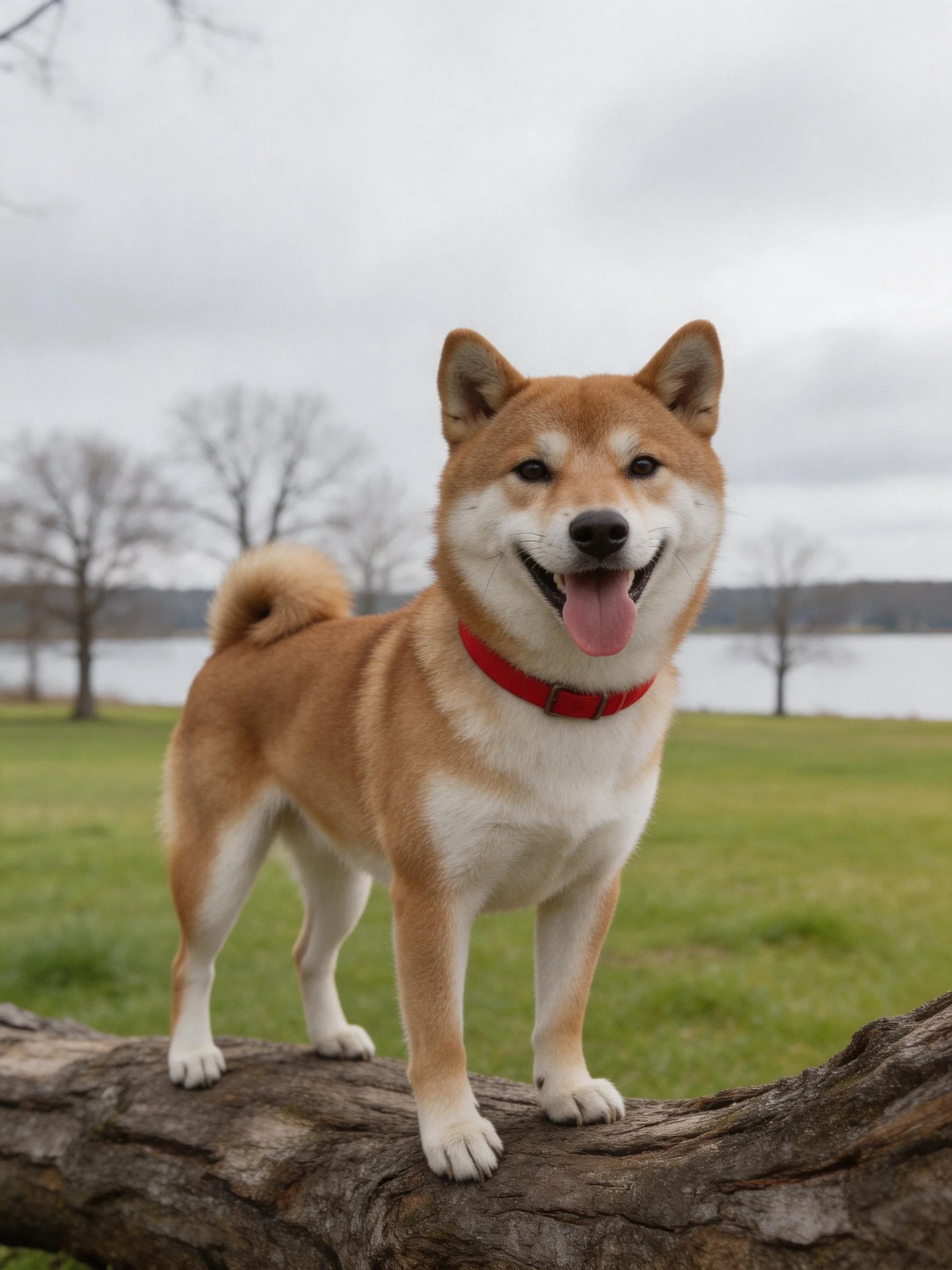 A cheerful Shiba Inu with a red collar stands on a log near a grassy field