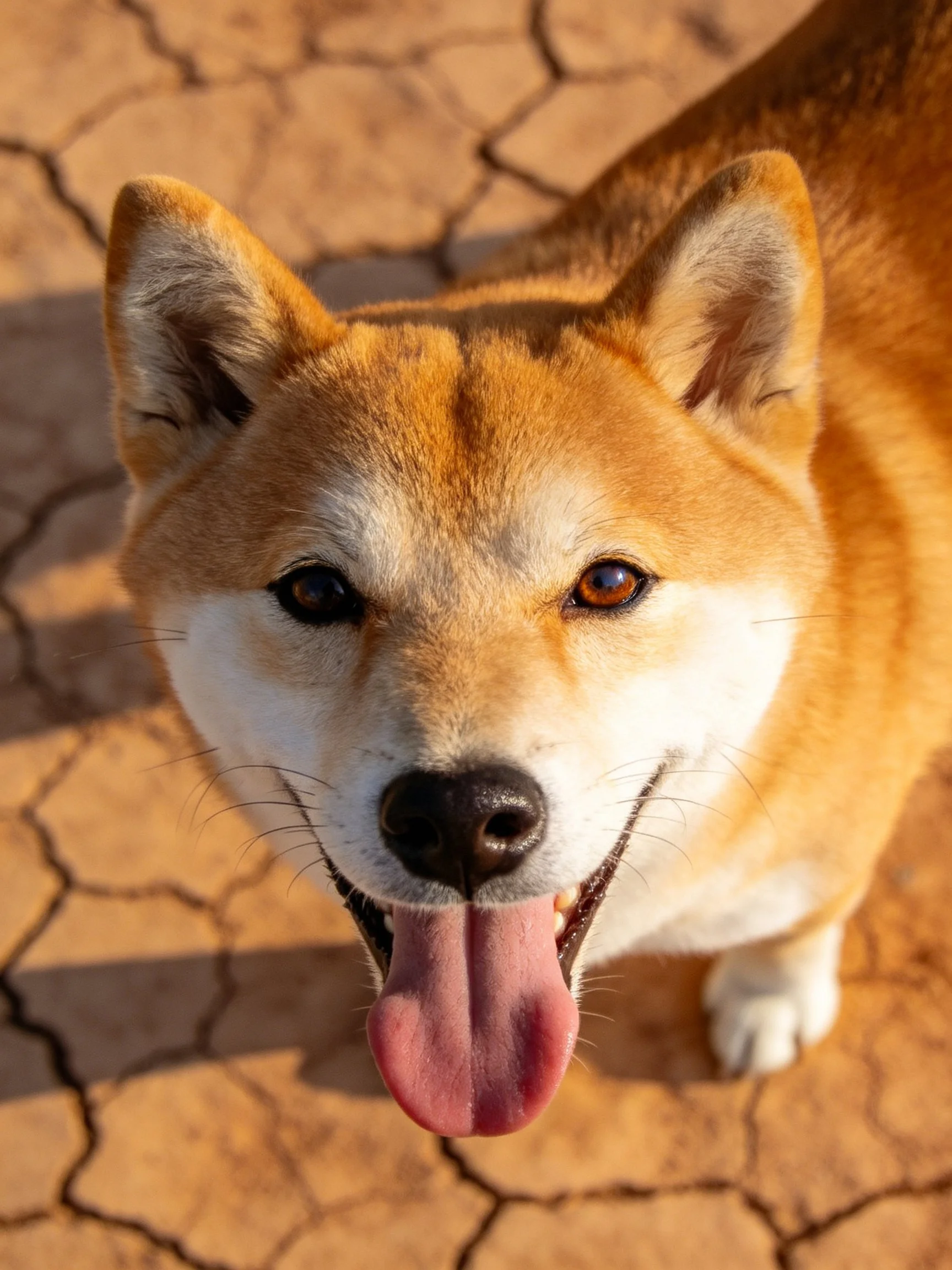 A cheerful Shiba Inu with reddish-brown fur on cracked earth