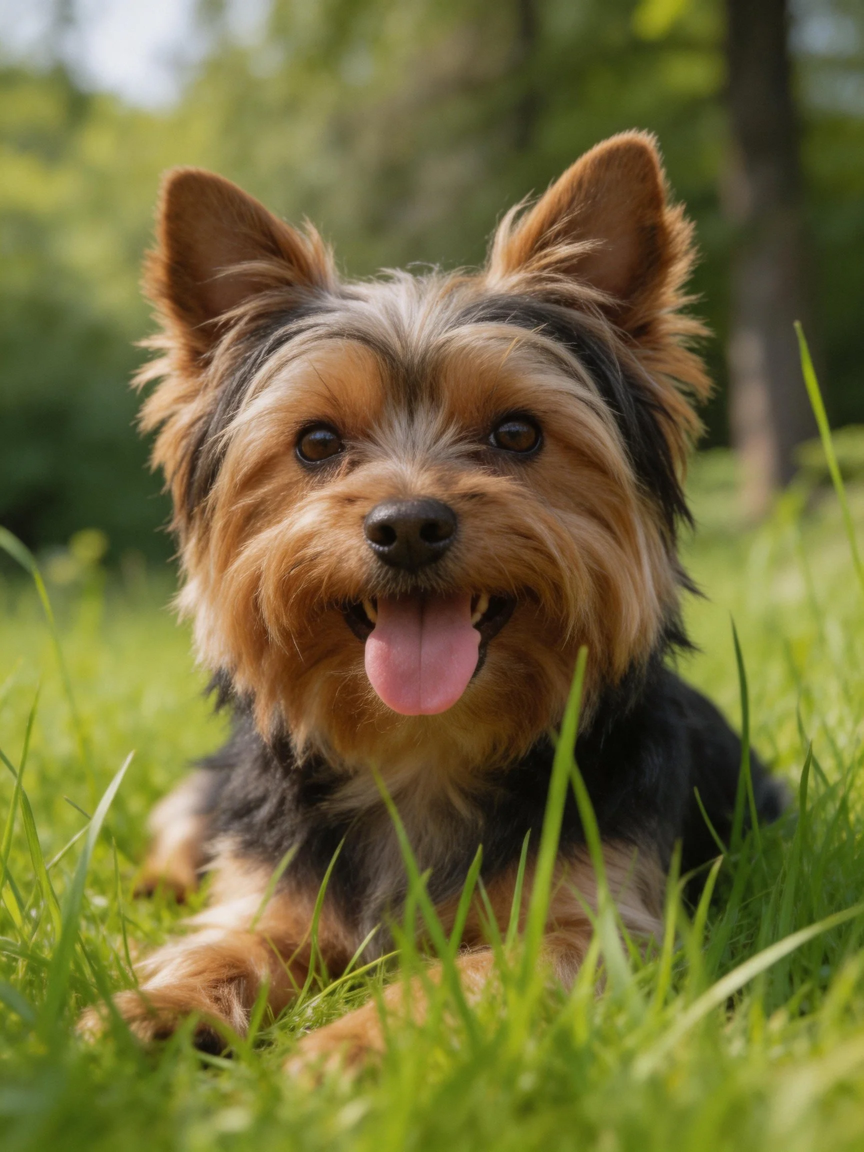 A cheerful Yorkshire Terrier relaxes on lush green grass outdoors.
