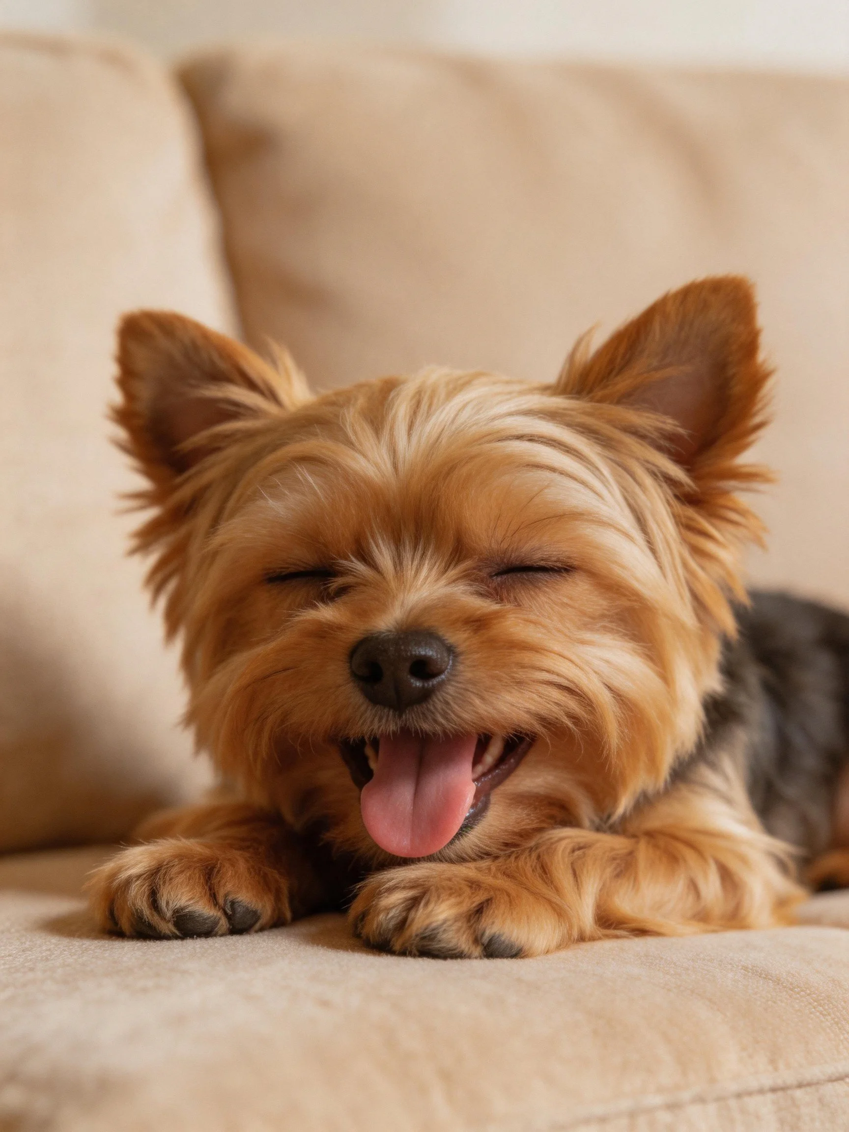 A cheerful Yorkshire Terrier relaxes on a beige couch with eyes shut.
