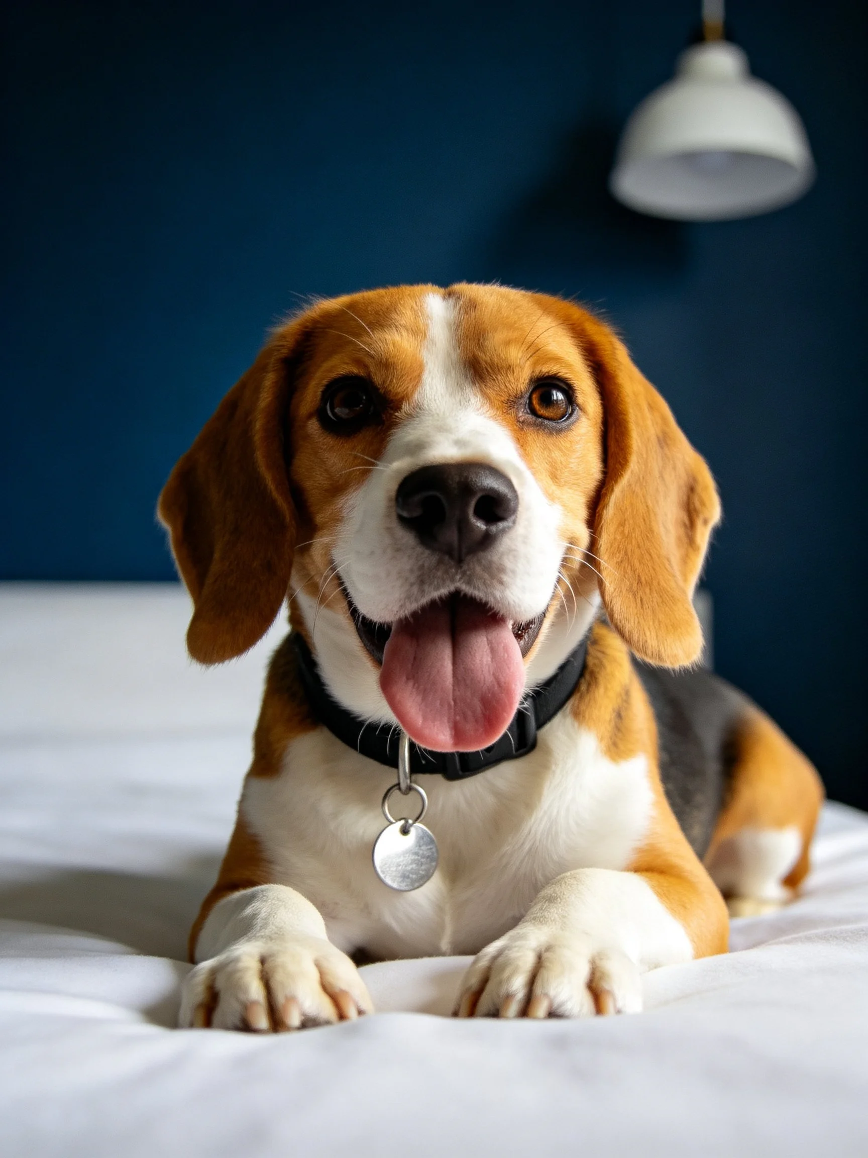 A happy beagle relaxes on white bedding against a dark blue wall backdrop.