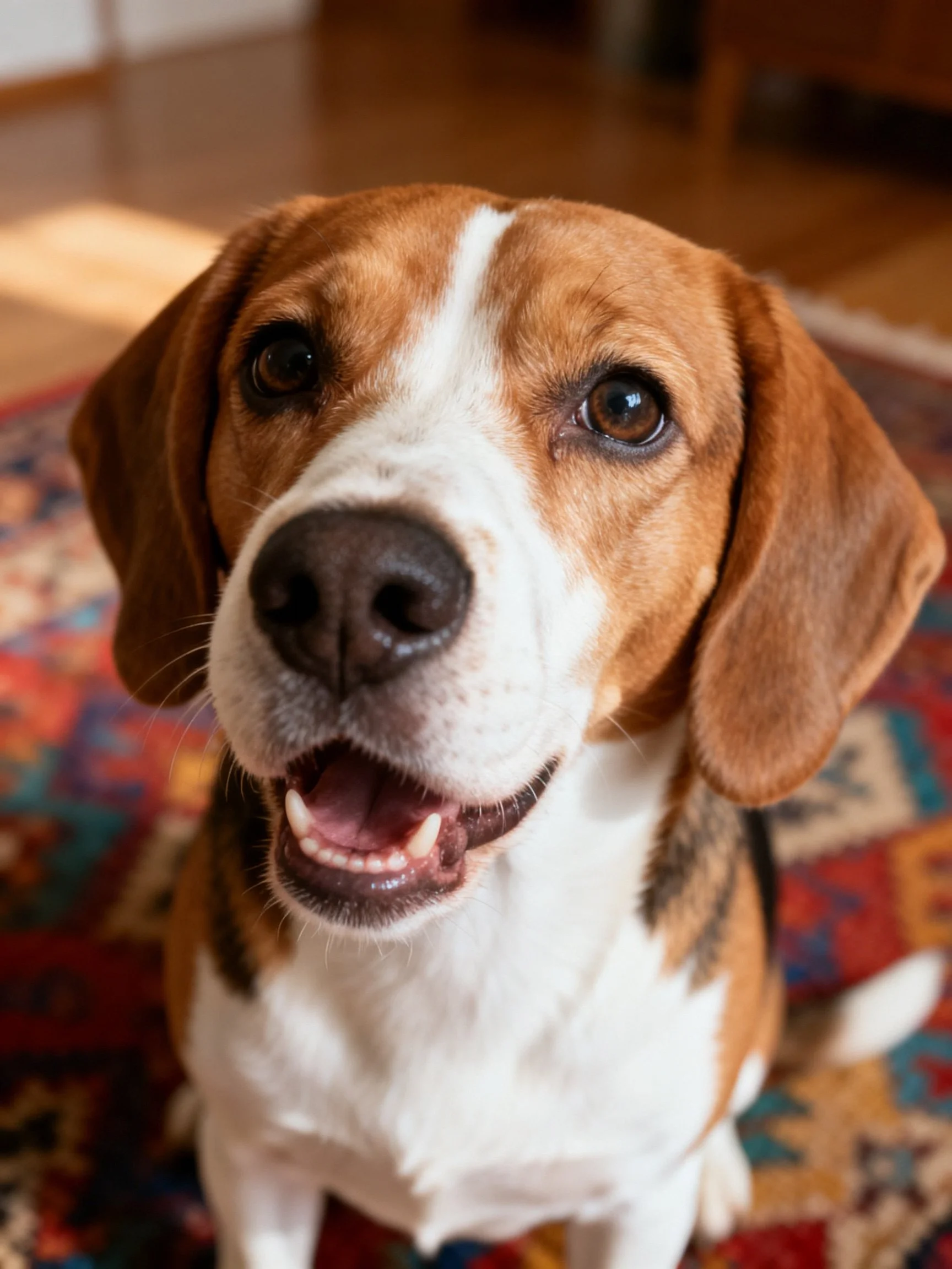 A cheerful beagle with brown and white fur on a patterned rug