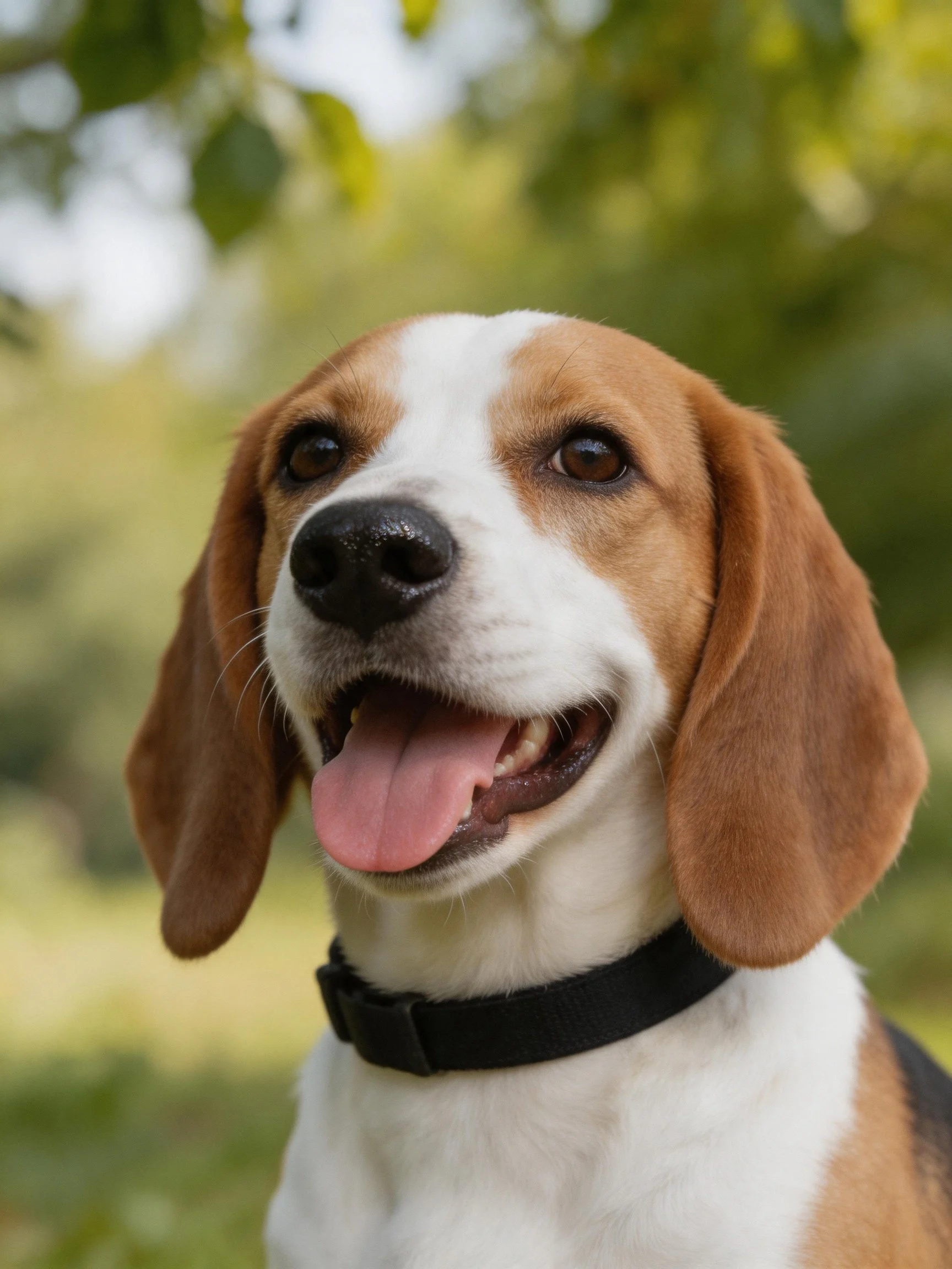 A cheerful beagle with brown and white fur wears a black collar outdoors