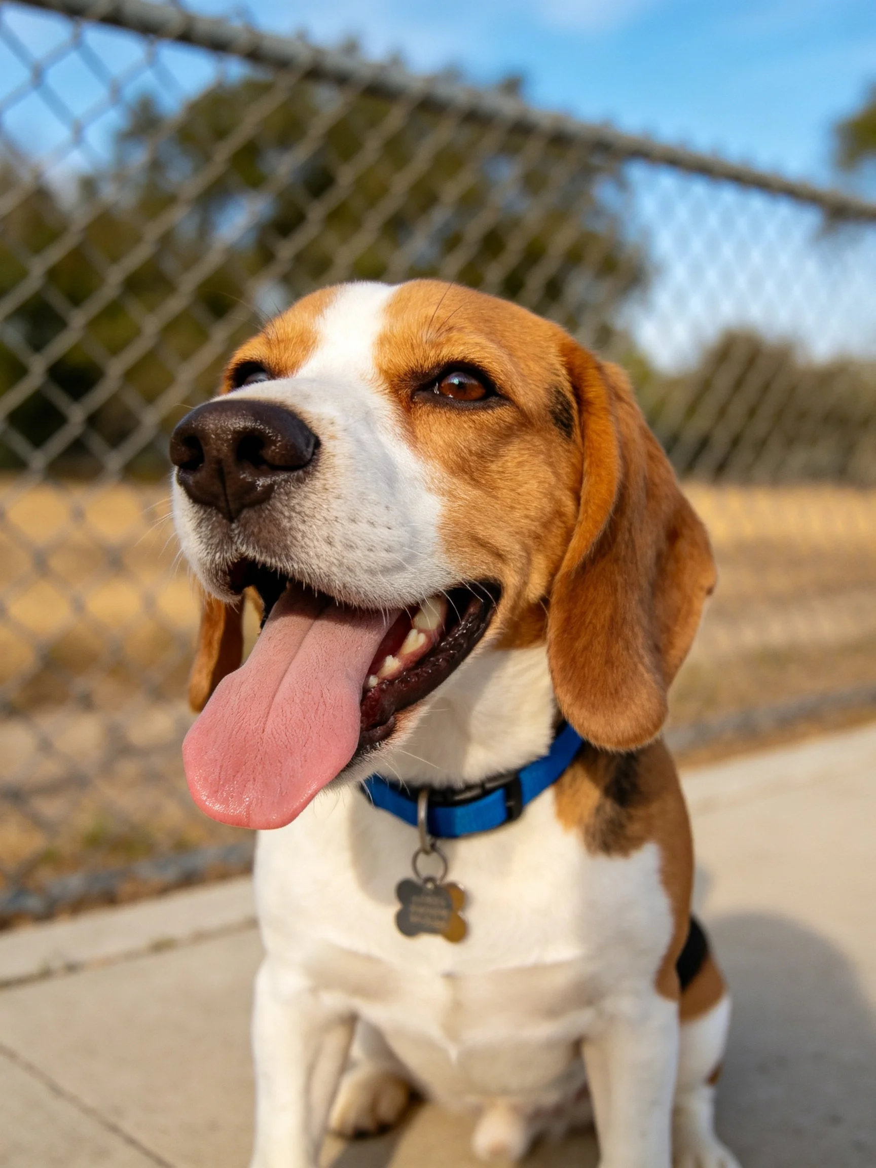 A cheerful beagle with brown and white fur wears a blue collar near a chain-link fence