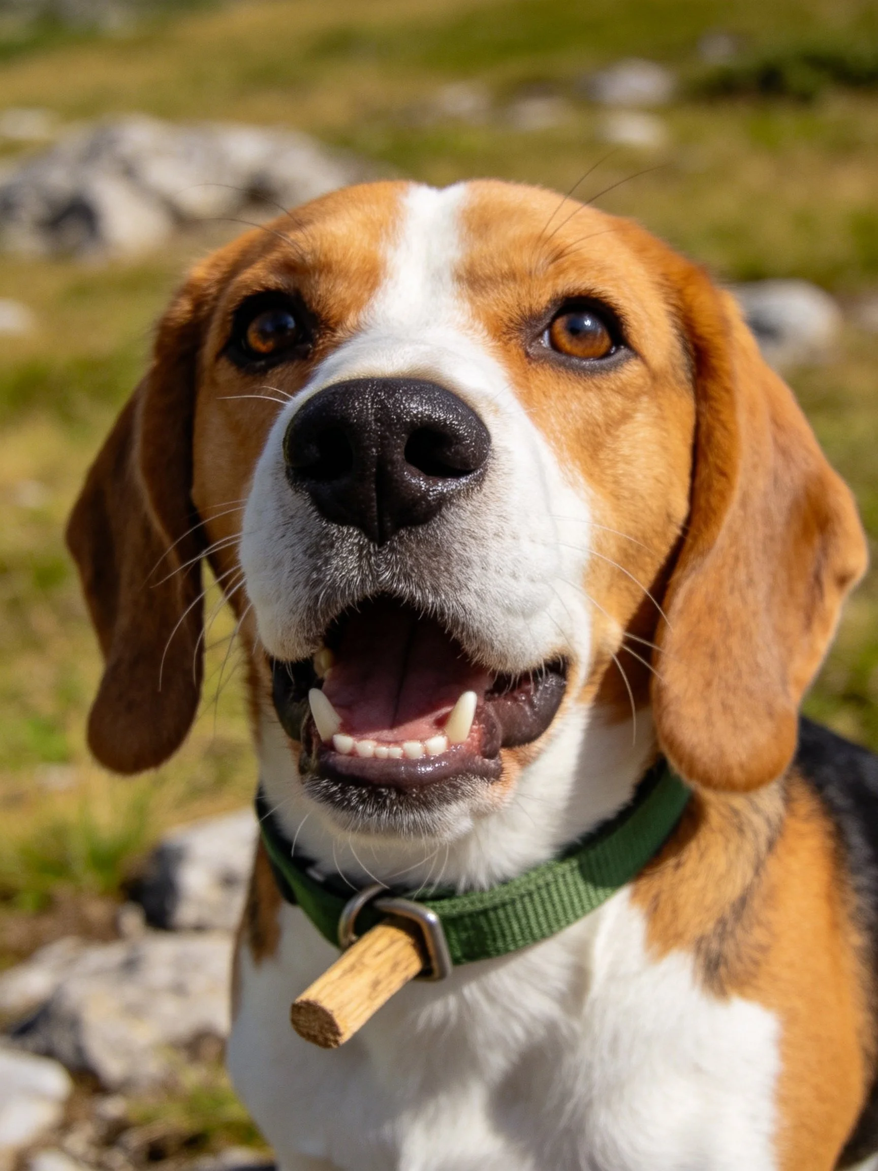 A cheerful beagle with brown and white fur wears a green collar outdoors