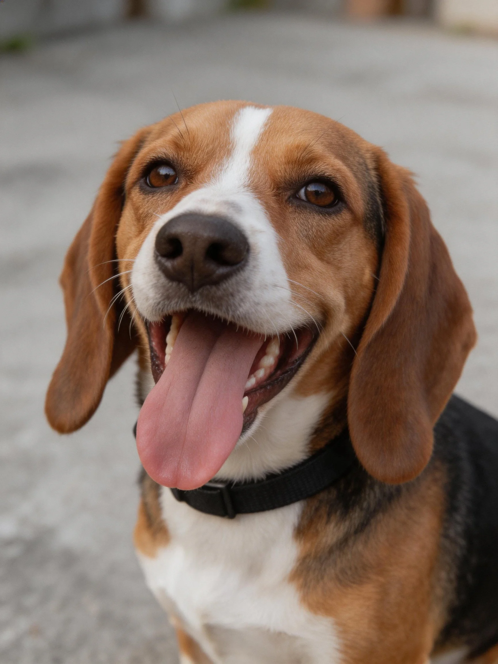A happy beagle with multicolored fur pants contentedly in an outdoor setting.