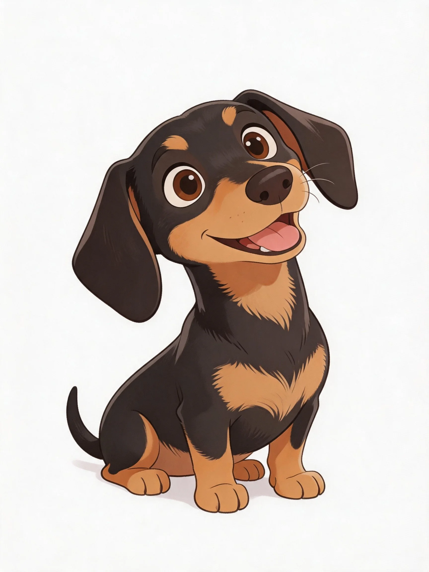 A cheerful cartoon dog with black and tan coloring sits happily.