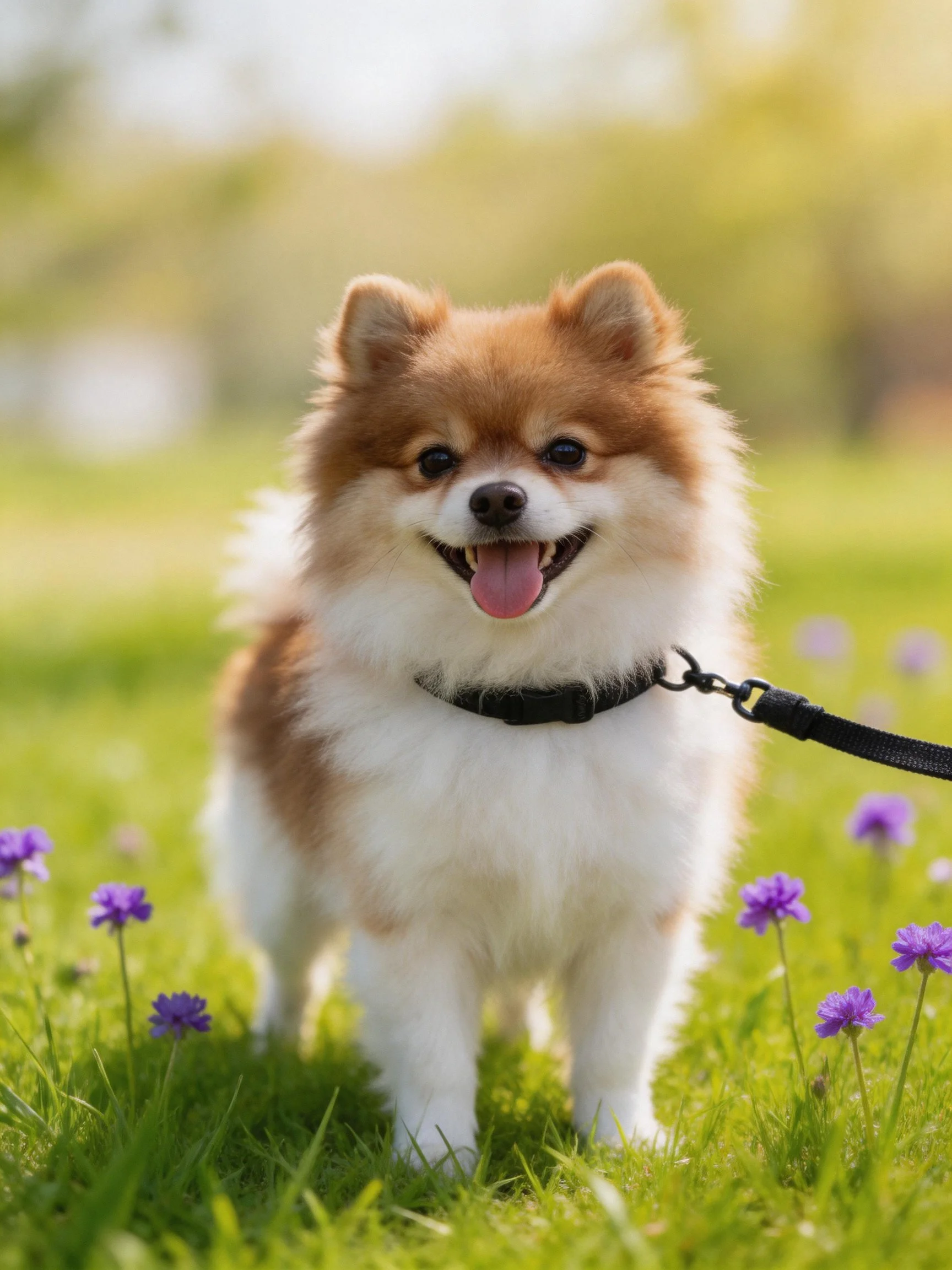 A brown-and-white Pomeranian enjoys a sunny day with purple flowers.