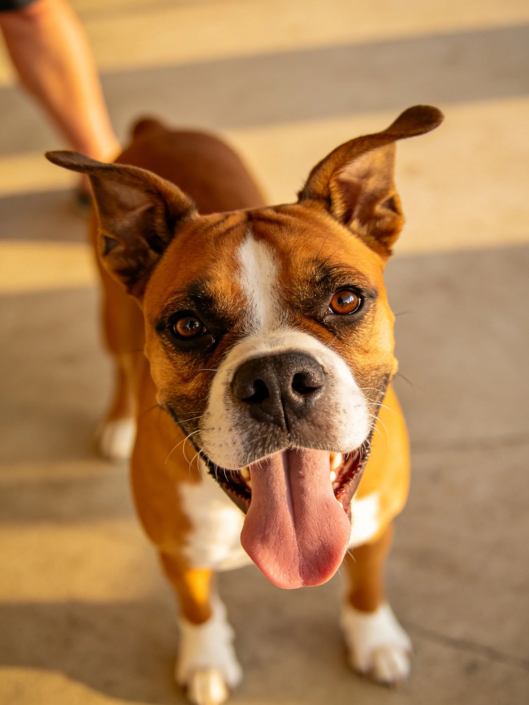A cheerful brown and white boxer dog with upright ears