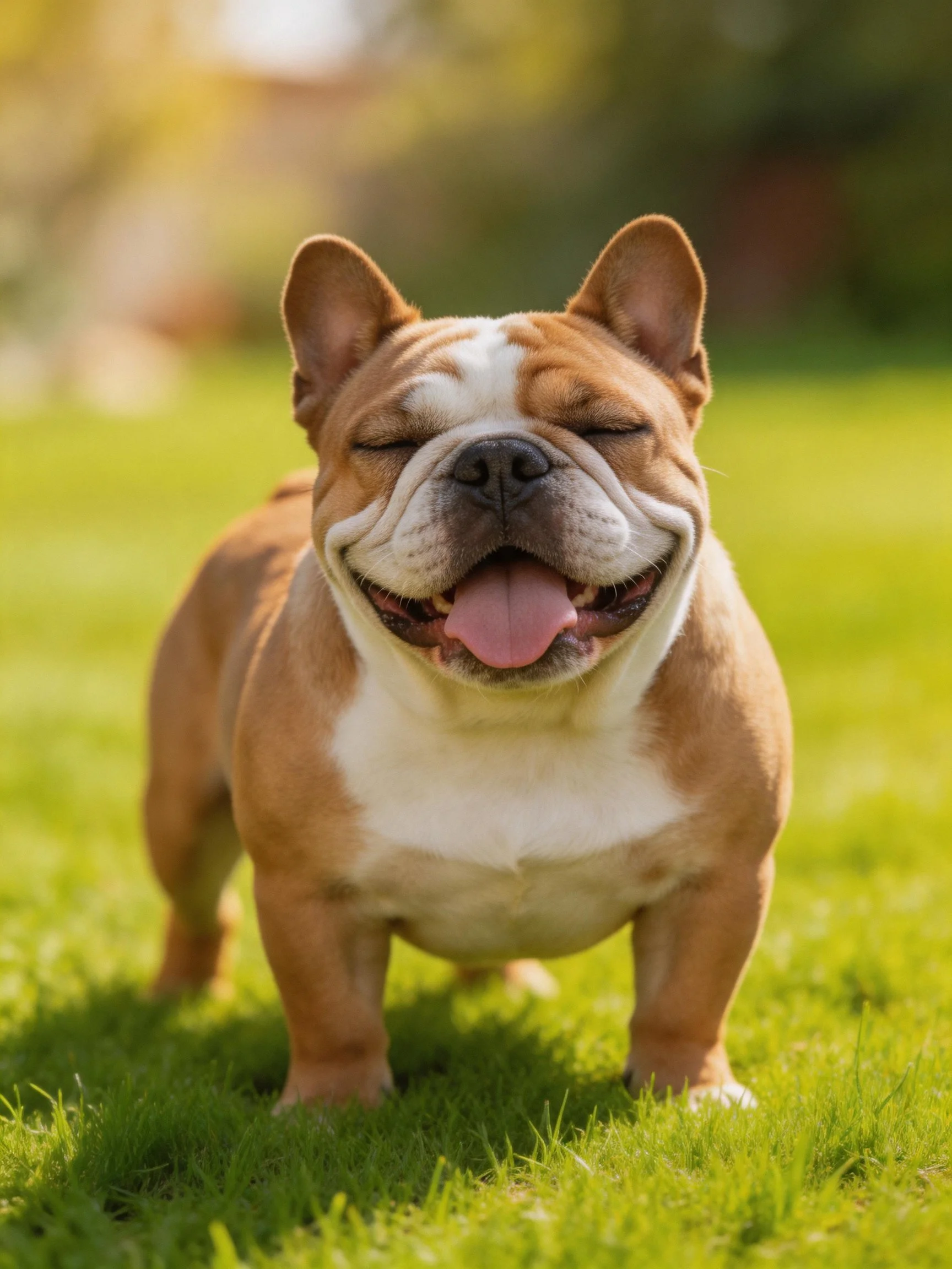 A cheerful brown and white bulldog standing on lush green grass