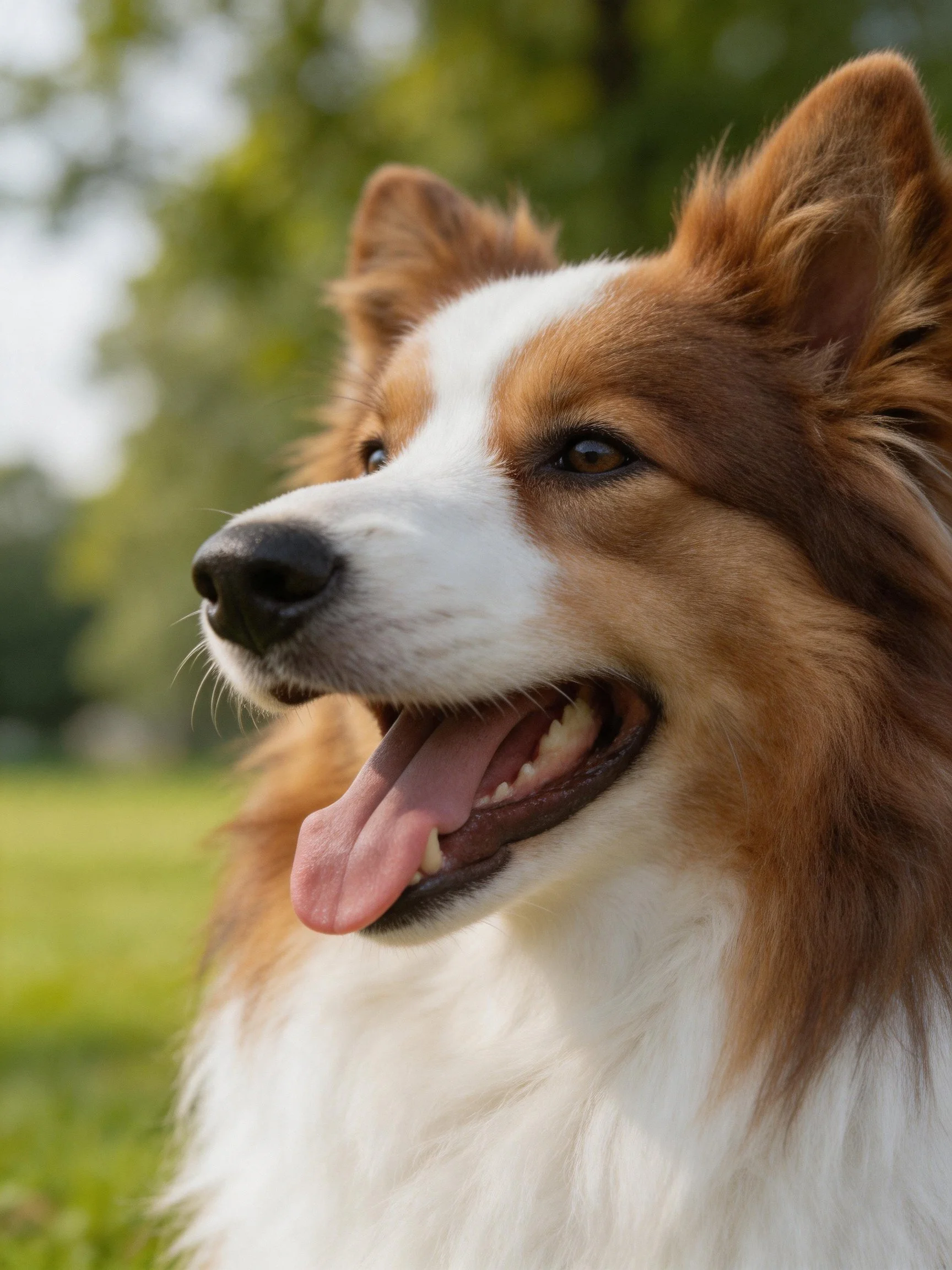 A brown and white dog relaxes while panting in a sunny outdoor space.