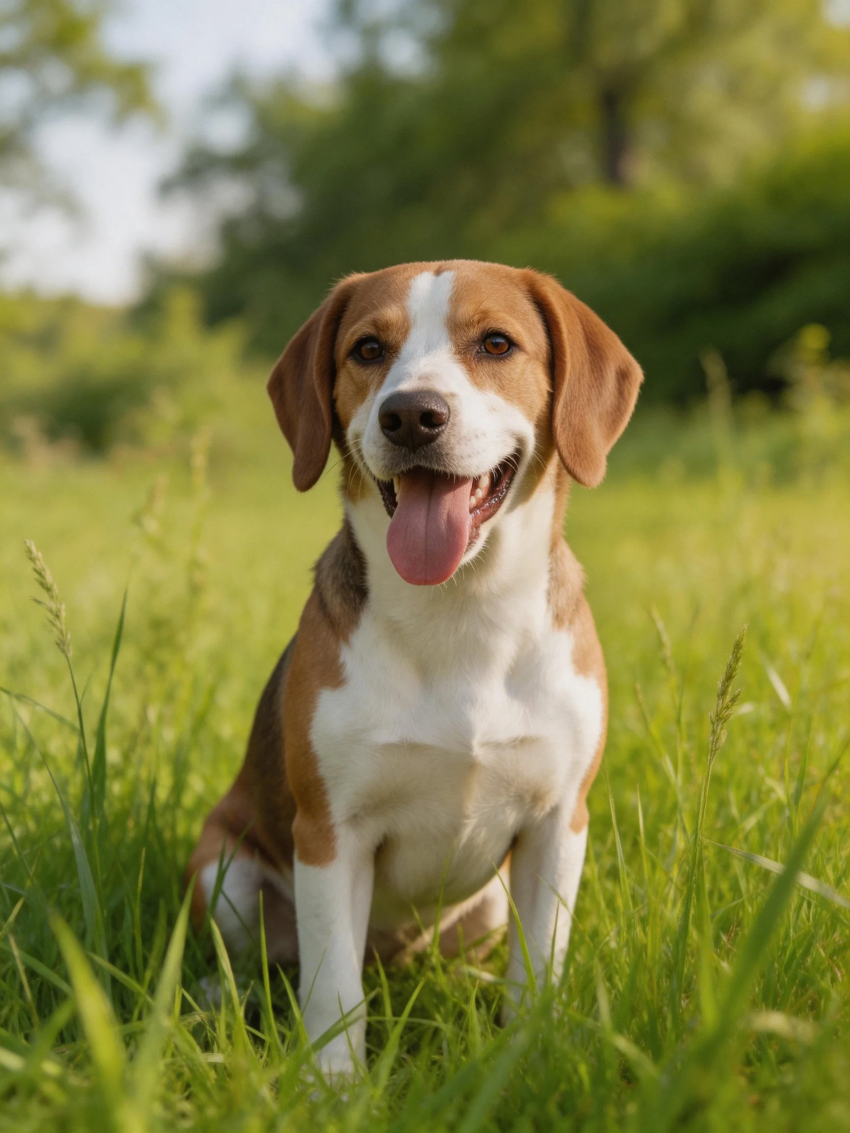 A happy dog with brown and white fur relaxes in a grassy outdoor area.