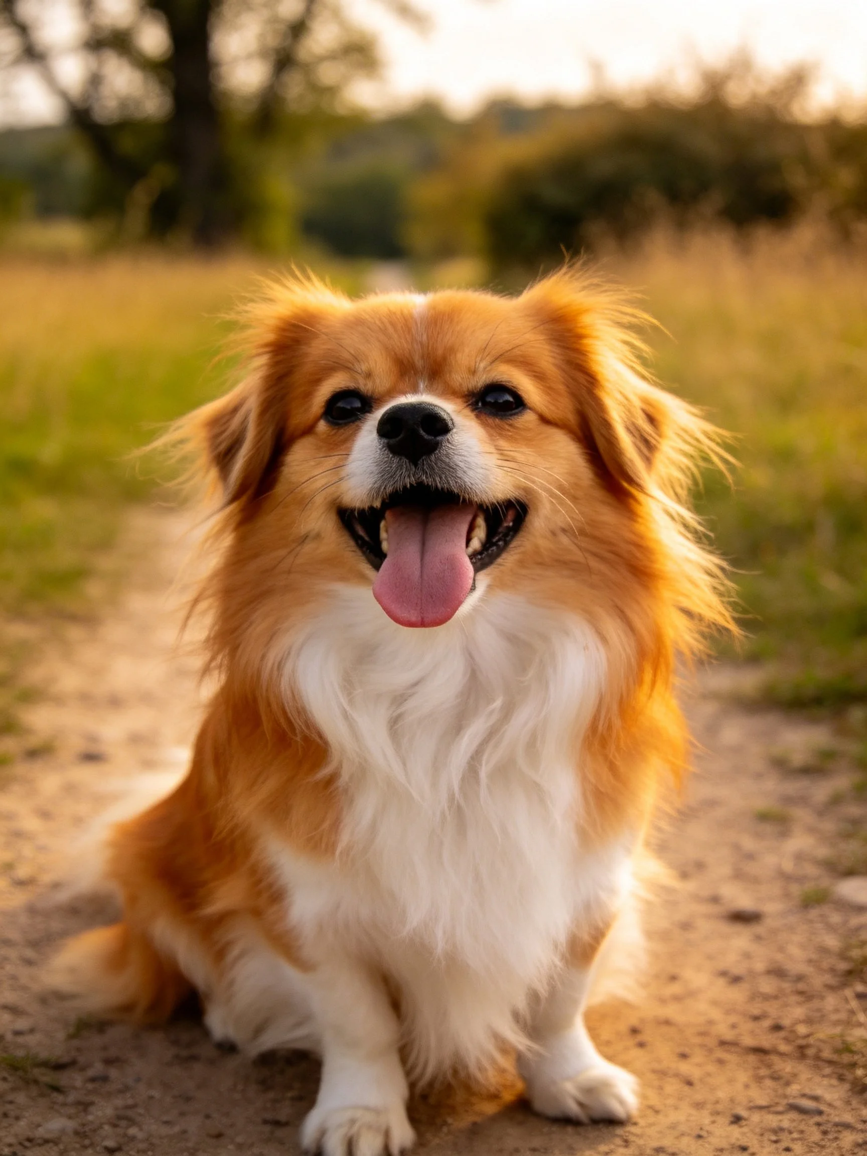 A happy brown and white dog sits on a dirt path outdoors