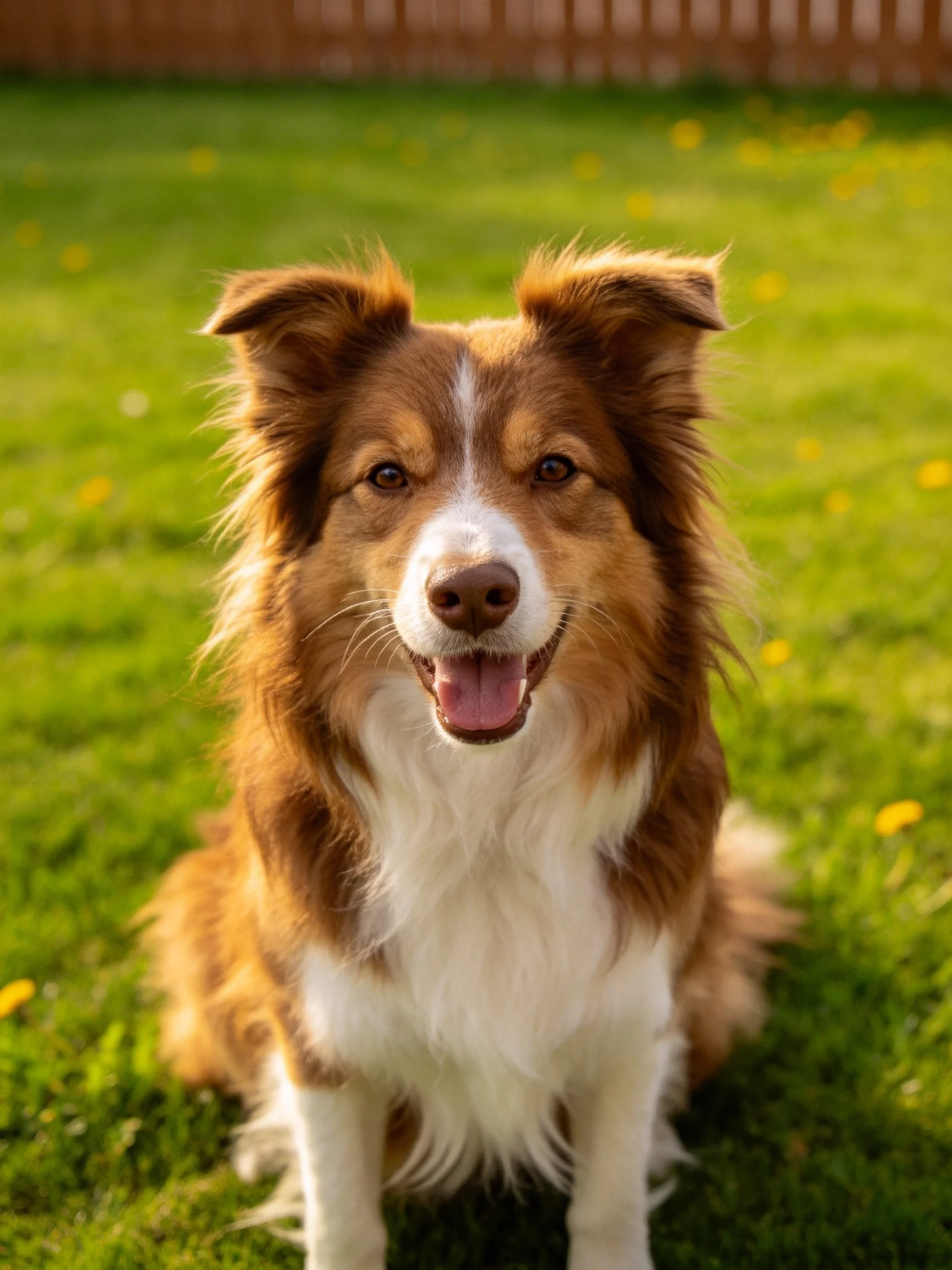 A happy brown and white dog sits contentedly on a grassy lawn.