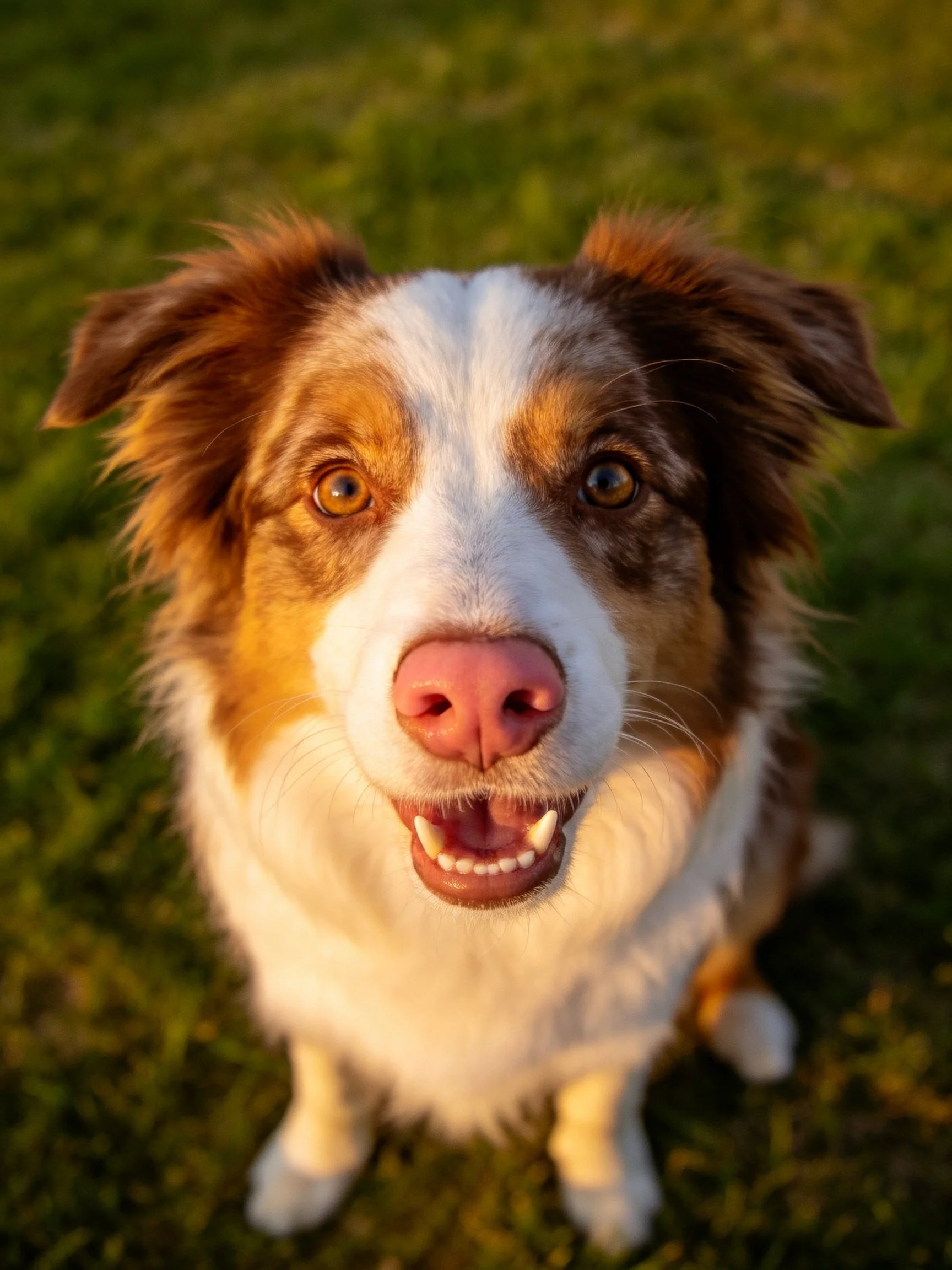 A cheerful brown and white dog sits on lush green grass
