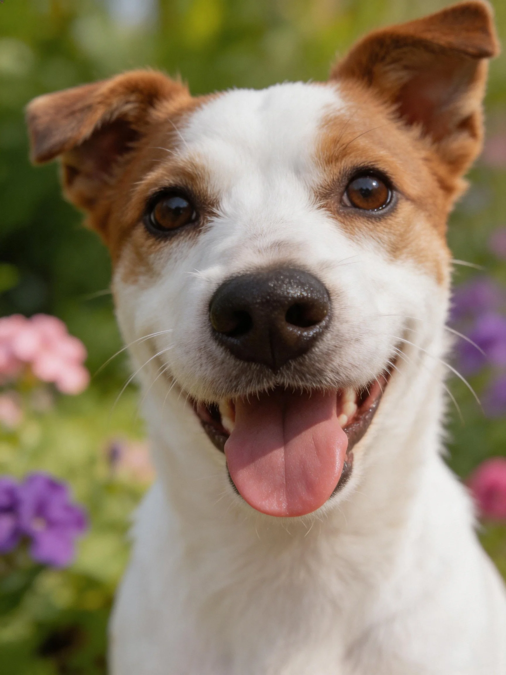 A cheerful brown-and-white dog smiles happily amid vibrant flowers.