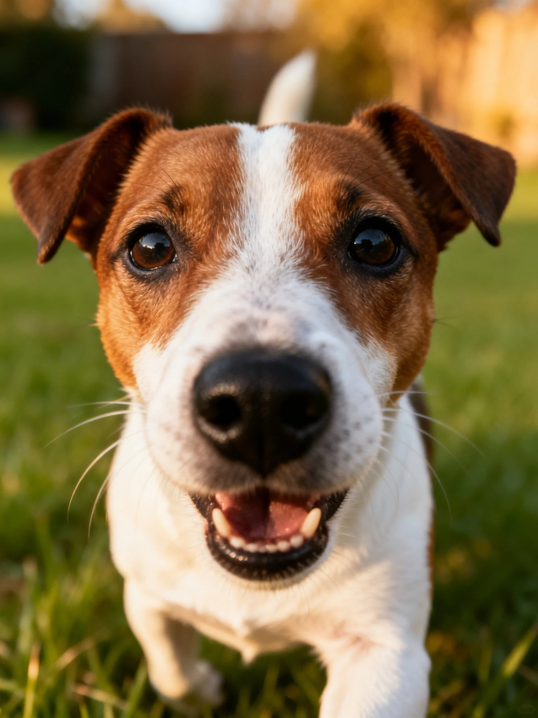 A cheerful brown and white dog smiles happily on green grass.