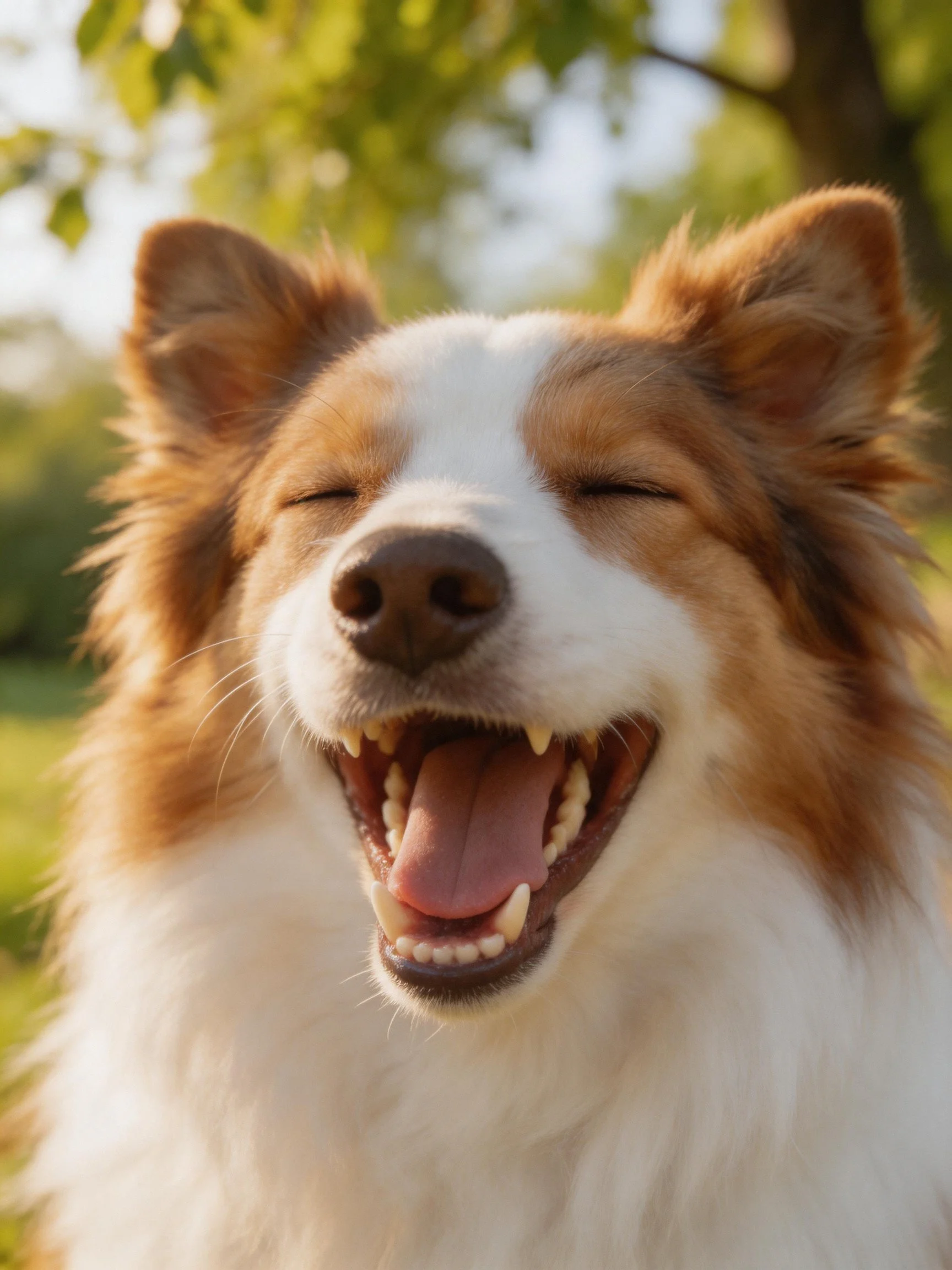 A brown and white dog laughs joyfully in a sunlit outdoor environment.