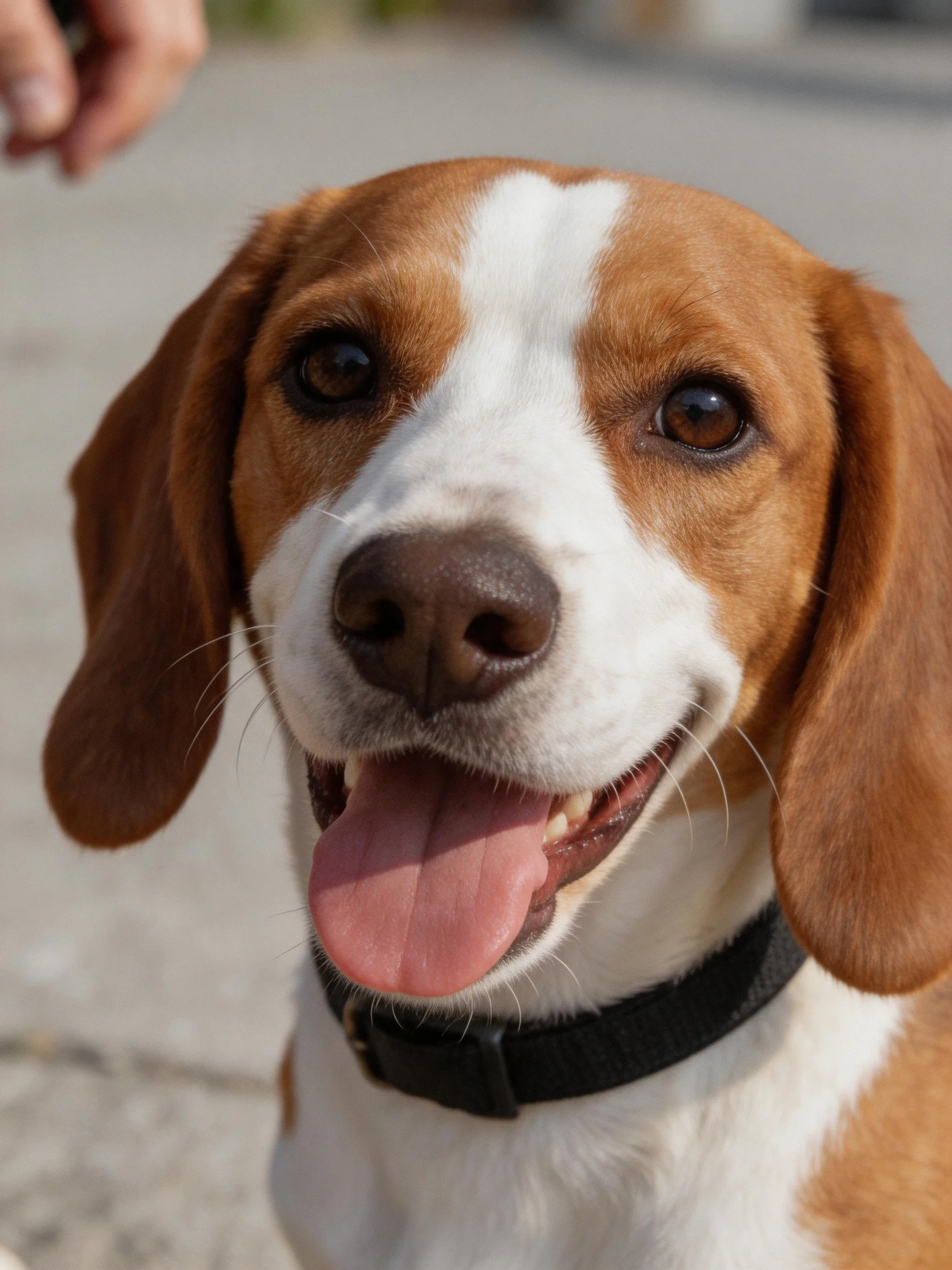 A happy brown and white dog with a black collar is shown outdoors.