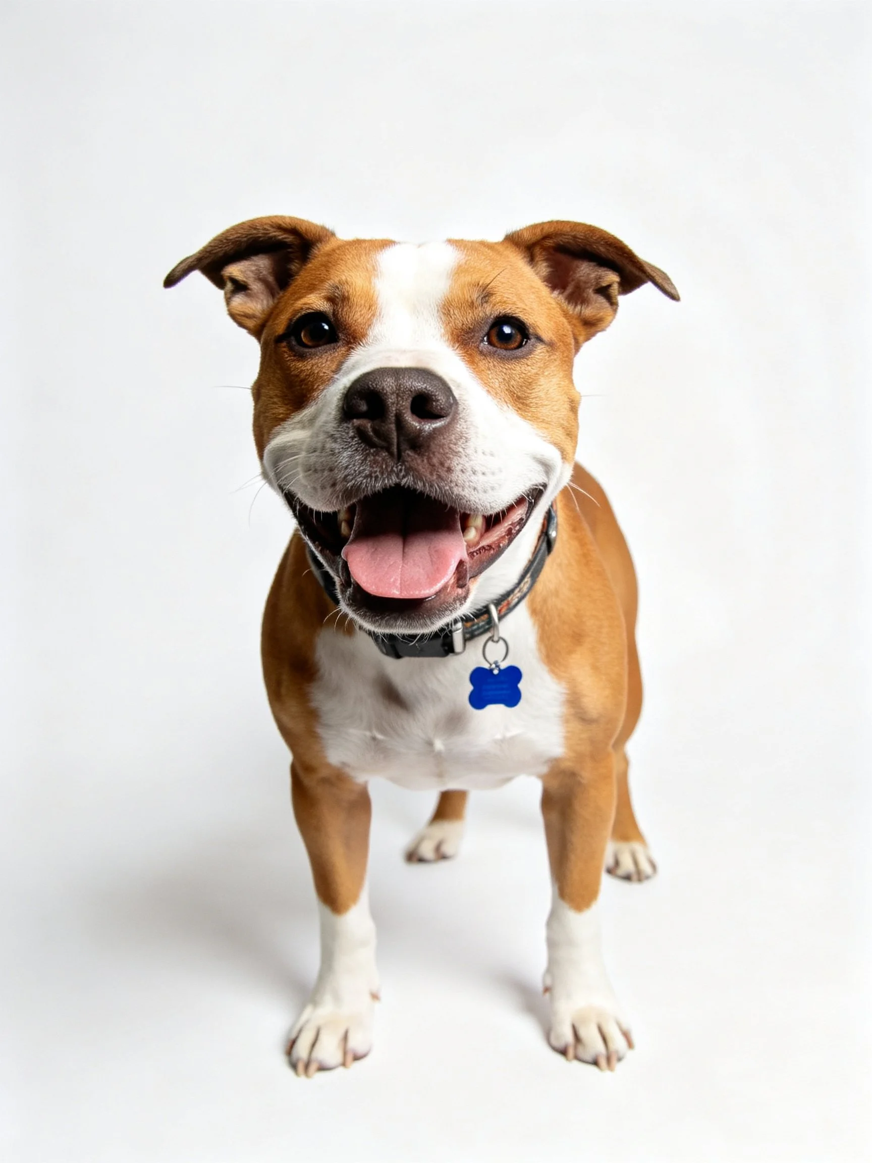 A brown and white dog smiles happily against a plain white background.