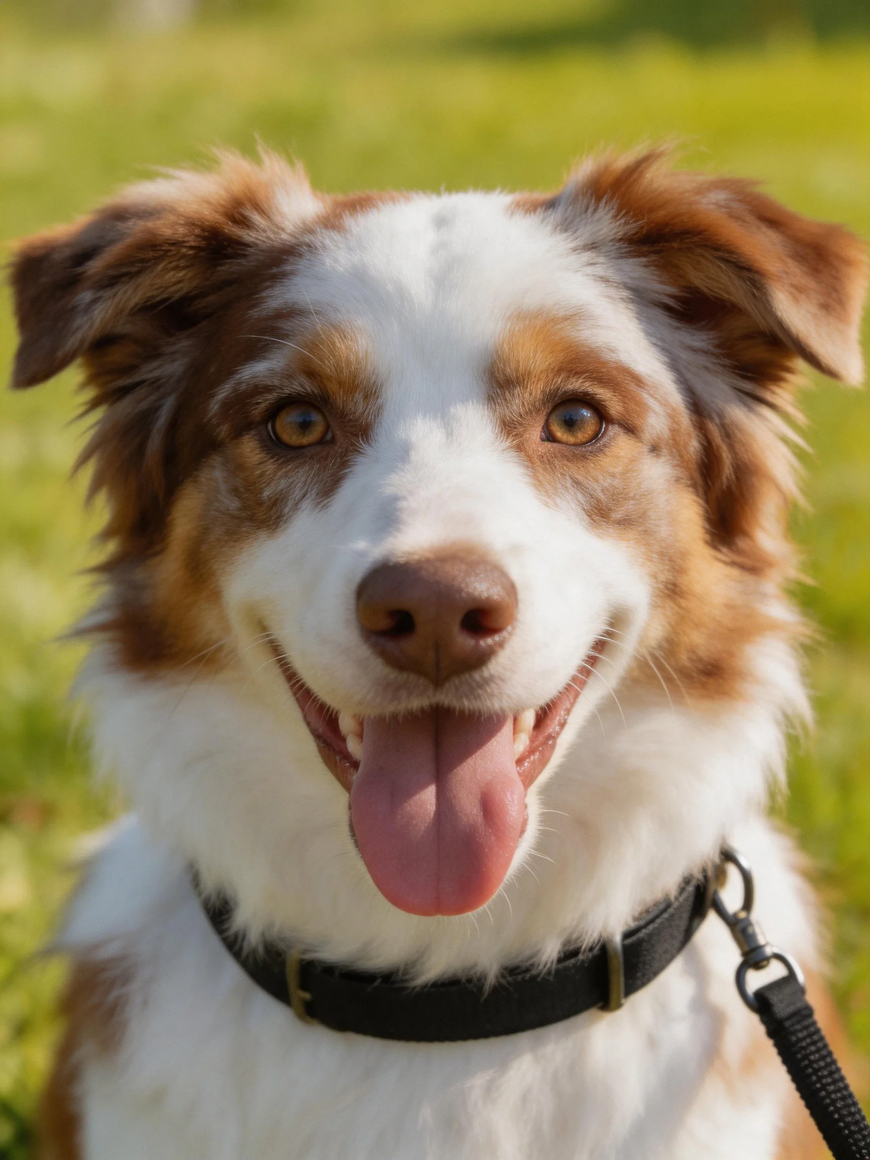 A cheerful brown and white dog with a black collar enjoys a sunny day outdoors.