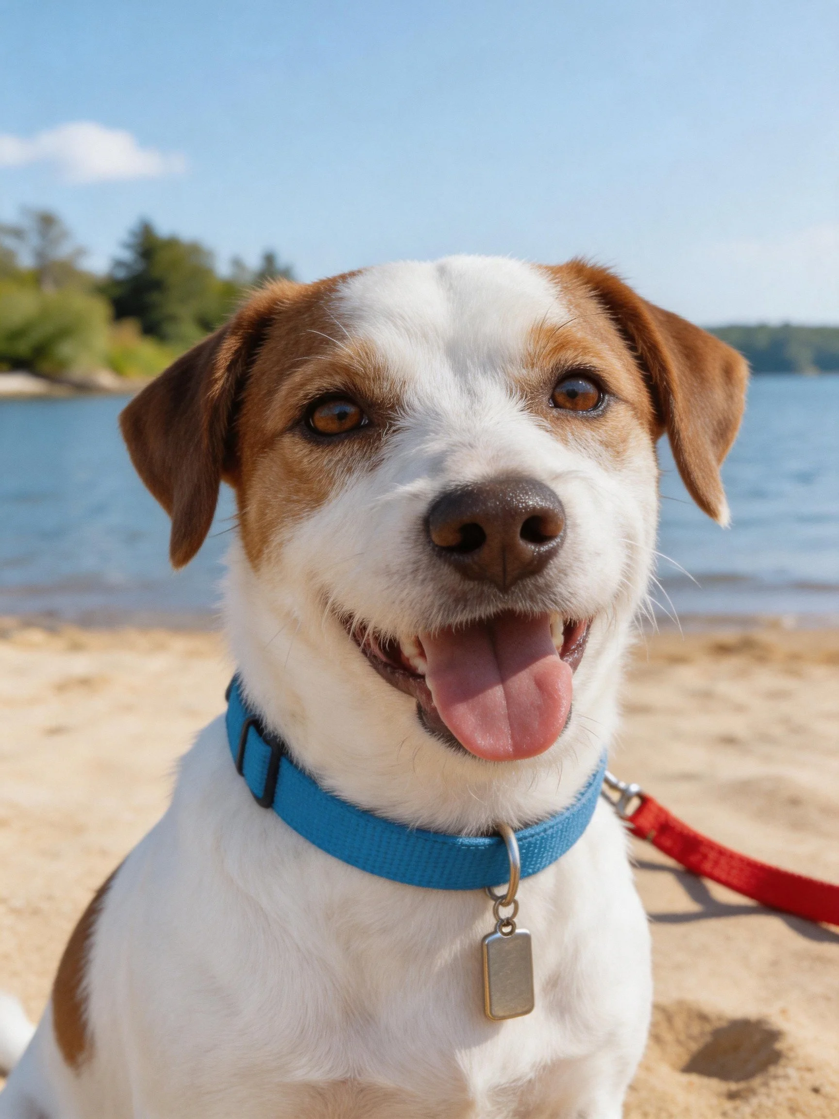 A happy dog wearing a blue collar sits on a sandy beach near water.