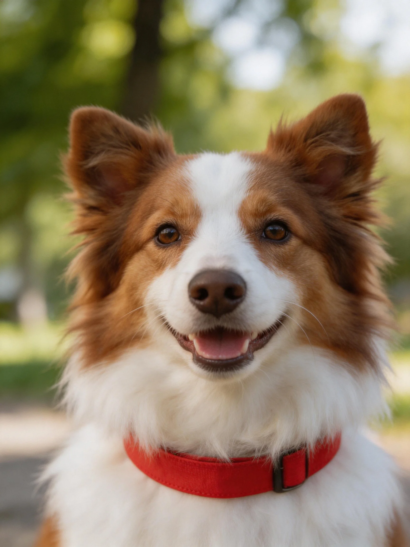 A happy brown and white dog wearing a red collar enjoys time outside in a sunlit area.