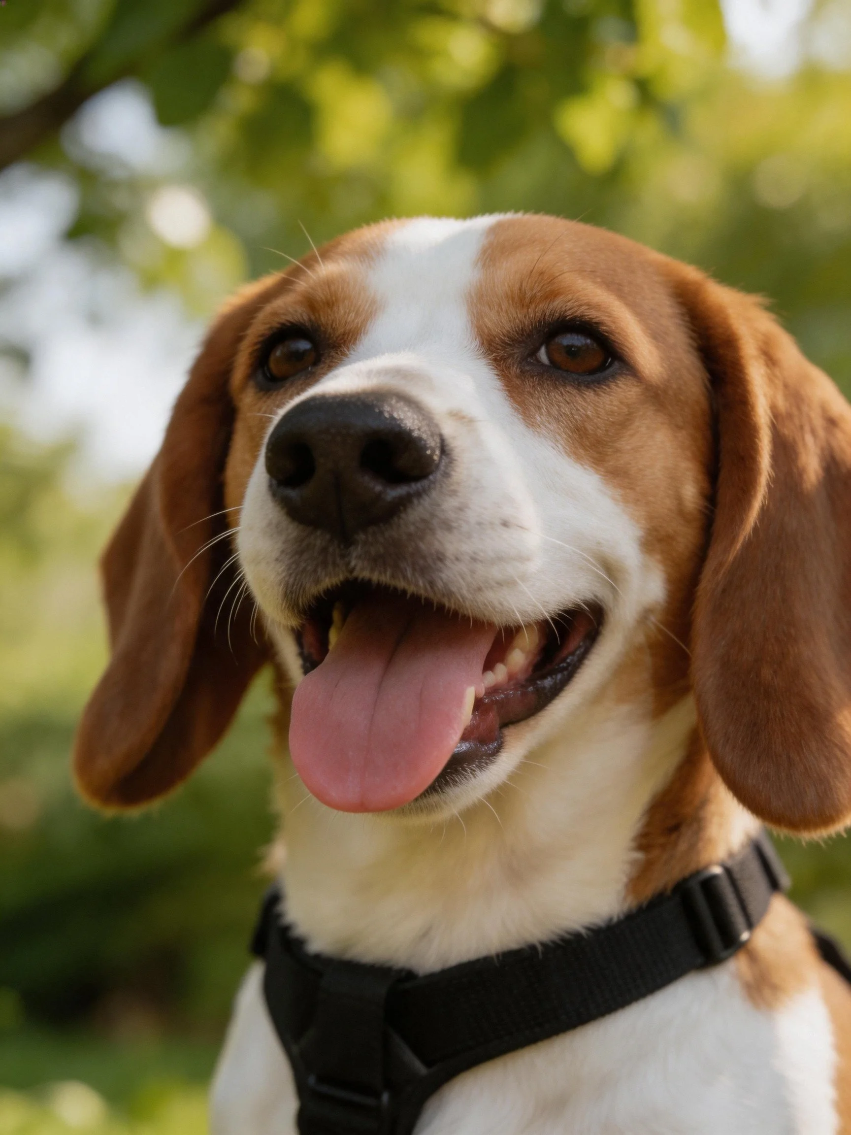 A happy brown-and-white dog with a black harness enjoys an outdoor moment.