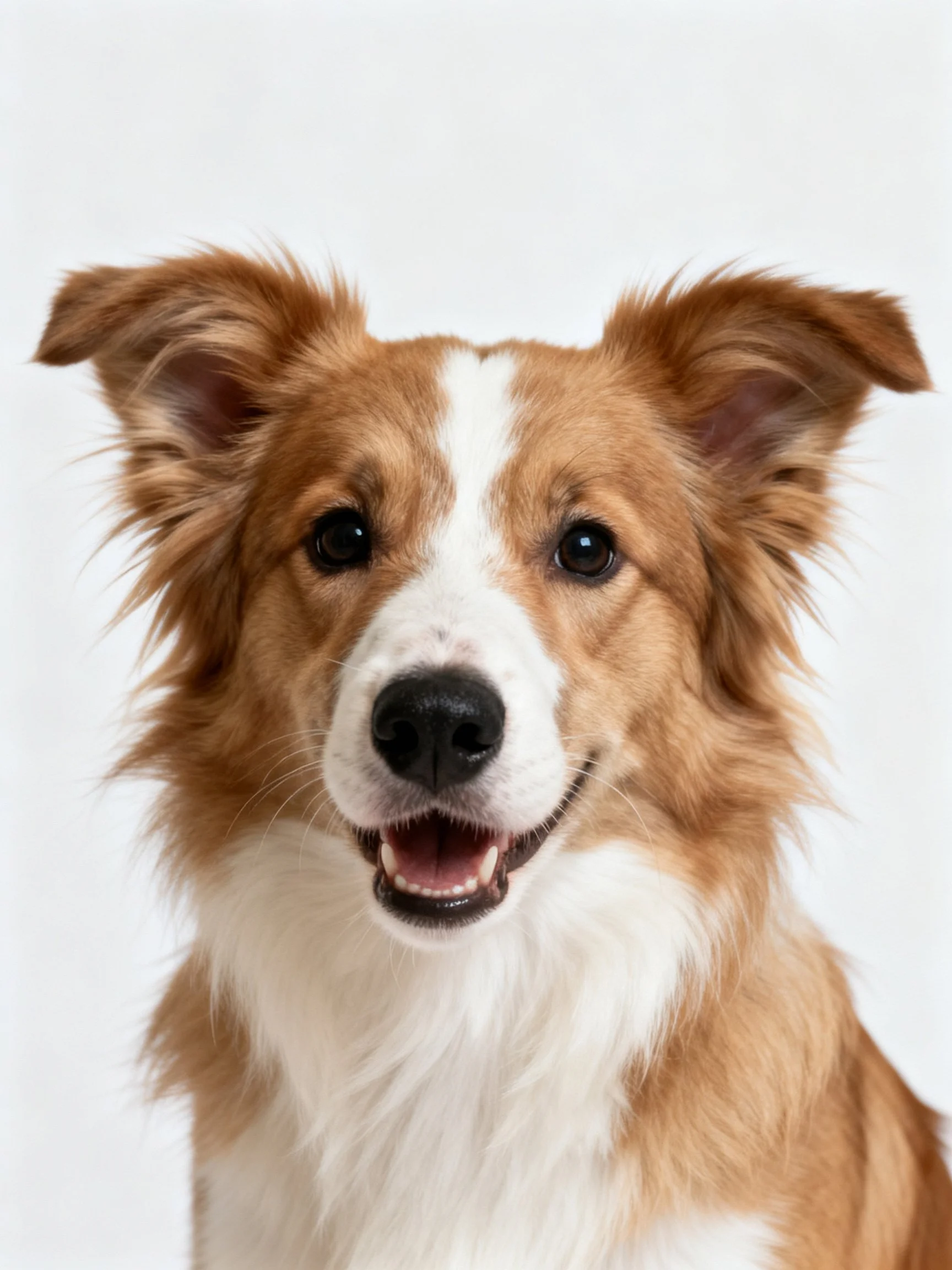 A cheerful brown and white dog smiles brightly against a plain white background.