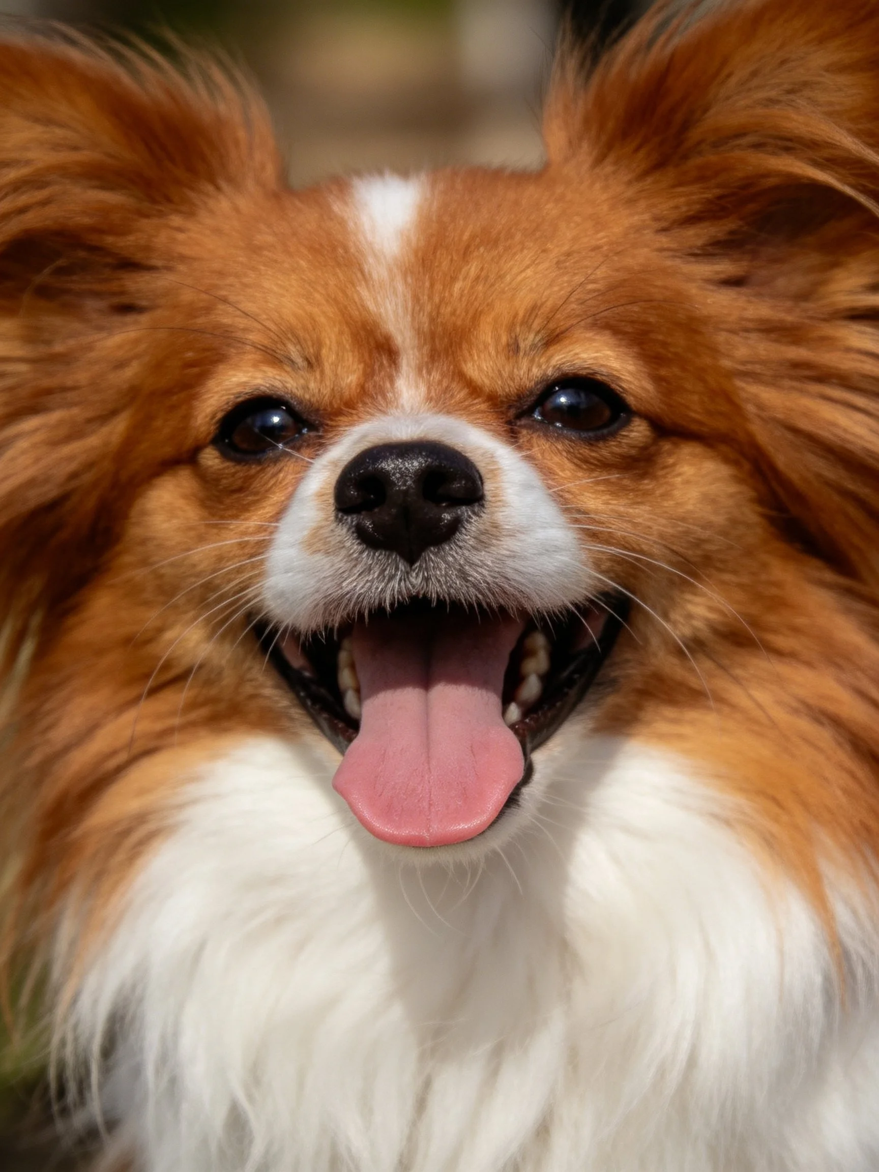 A happy brown and white dog displays a joyful expression with tongue out.