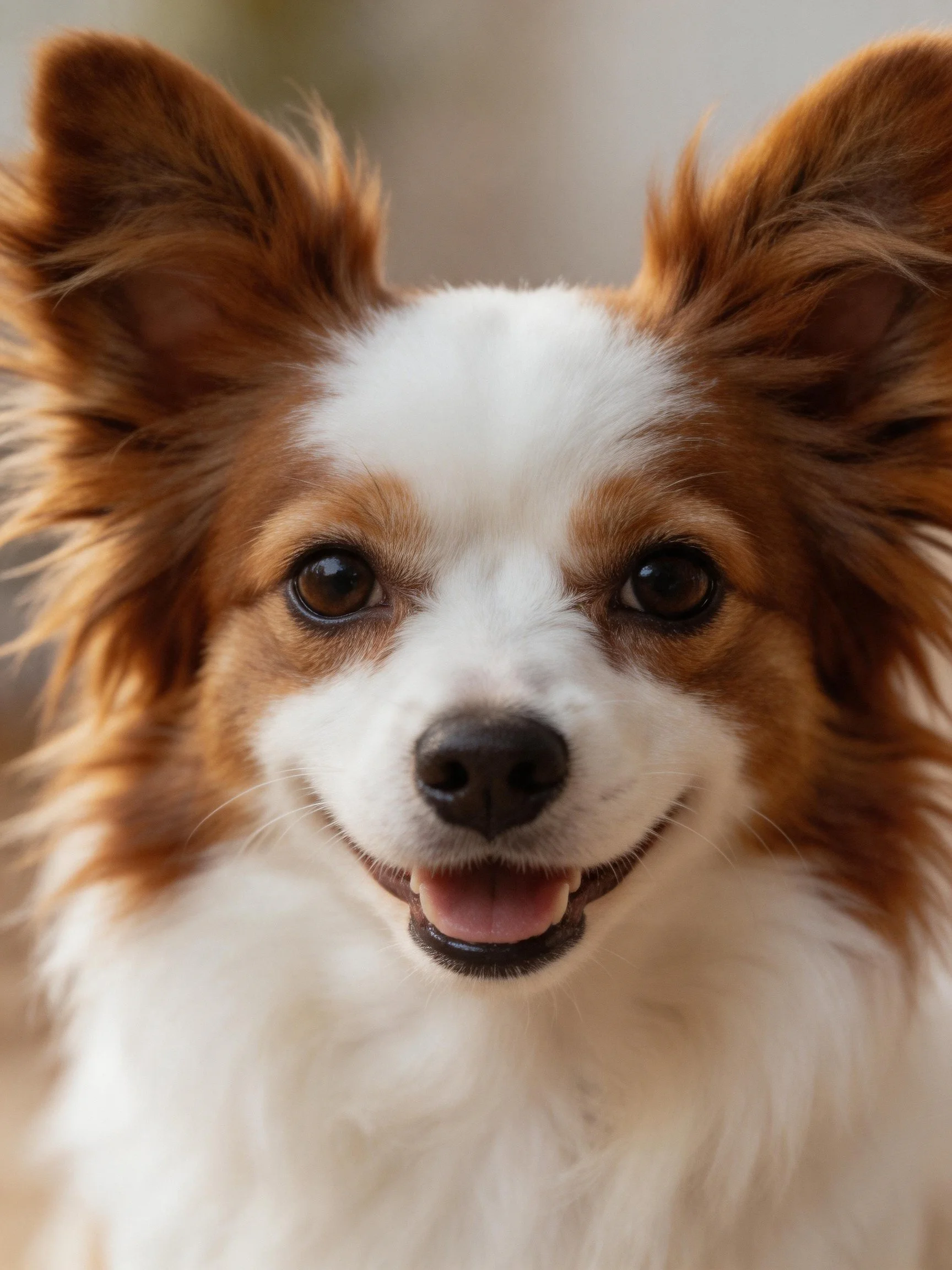 A cheerful brown and white dog smiles brightly with large ears.