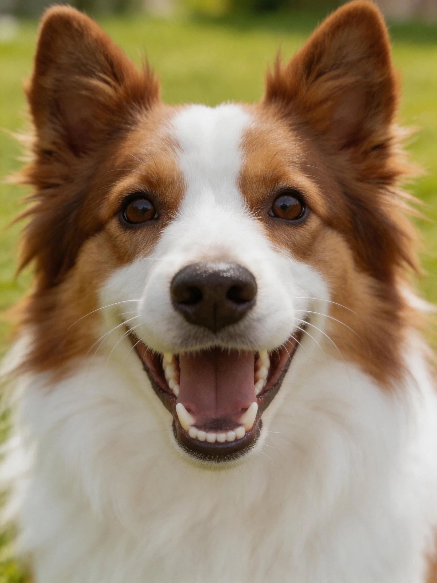 A brown and white dog looks joyful with its mouth open outside.