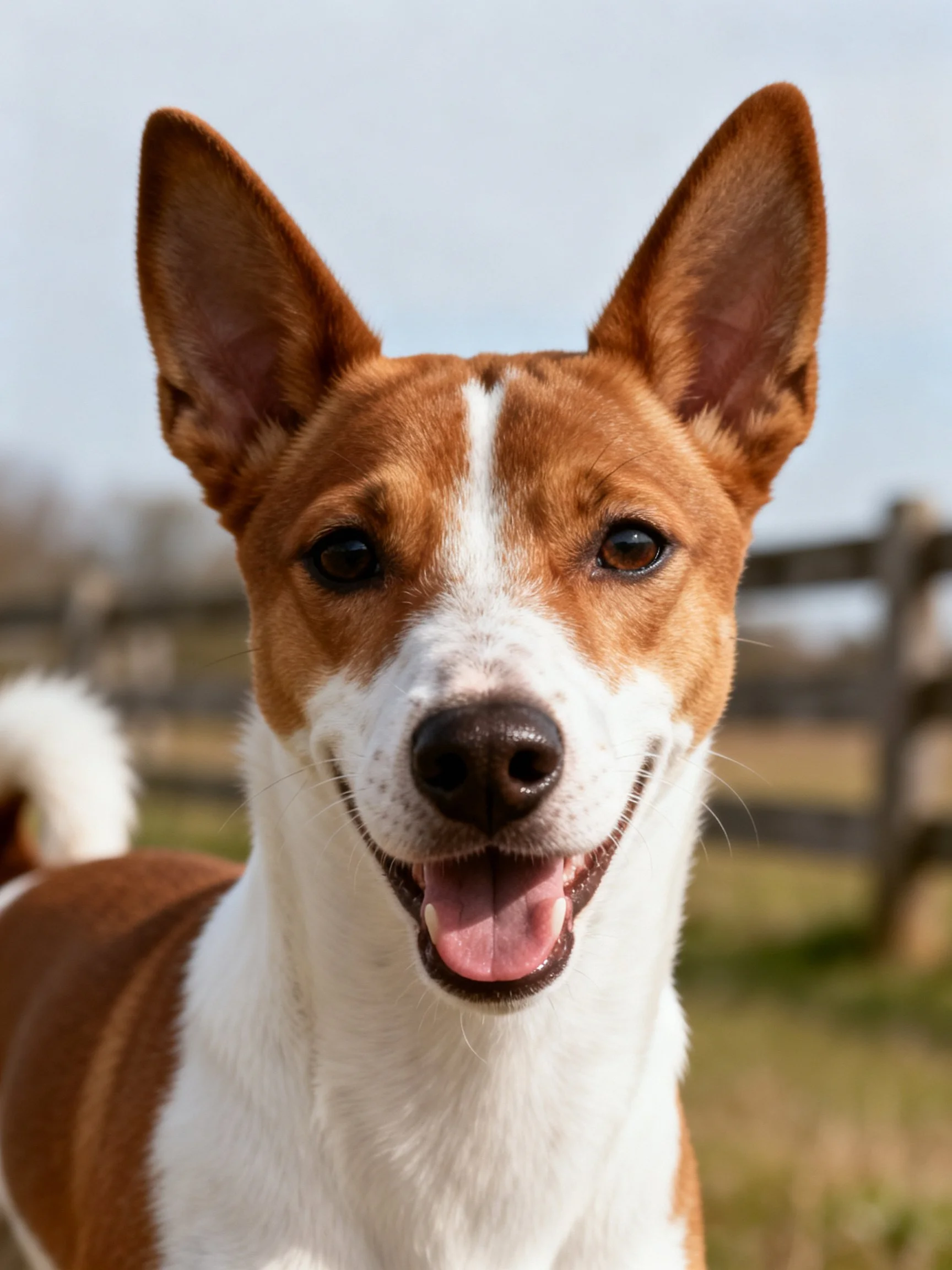 A happy brown and white dog stands outdoors.