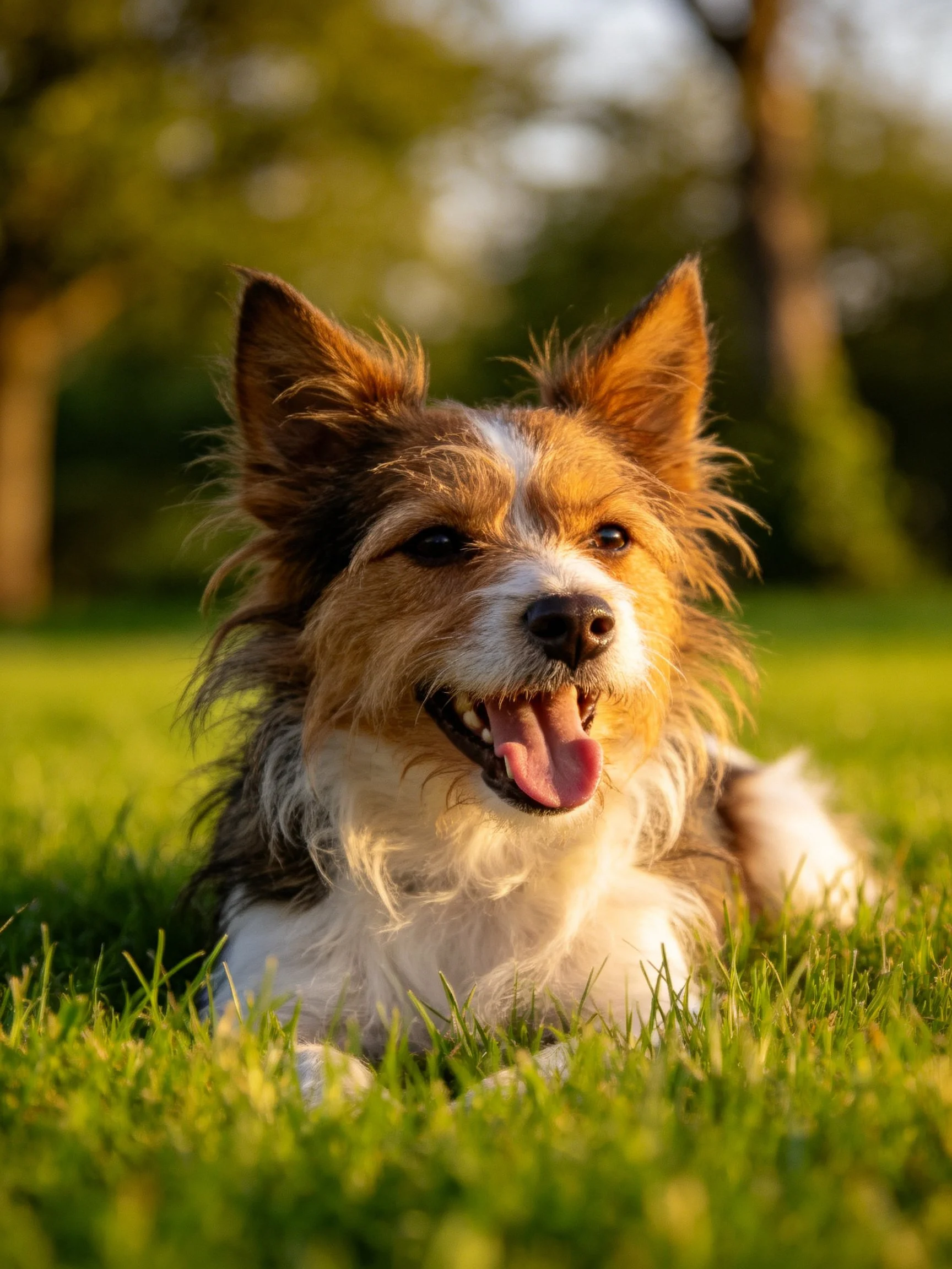 A cheerful brown-and-white mixed-breed dog relaxes on vibrant green grass near trees.