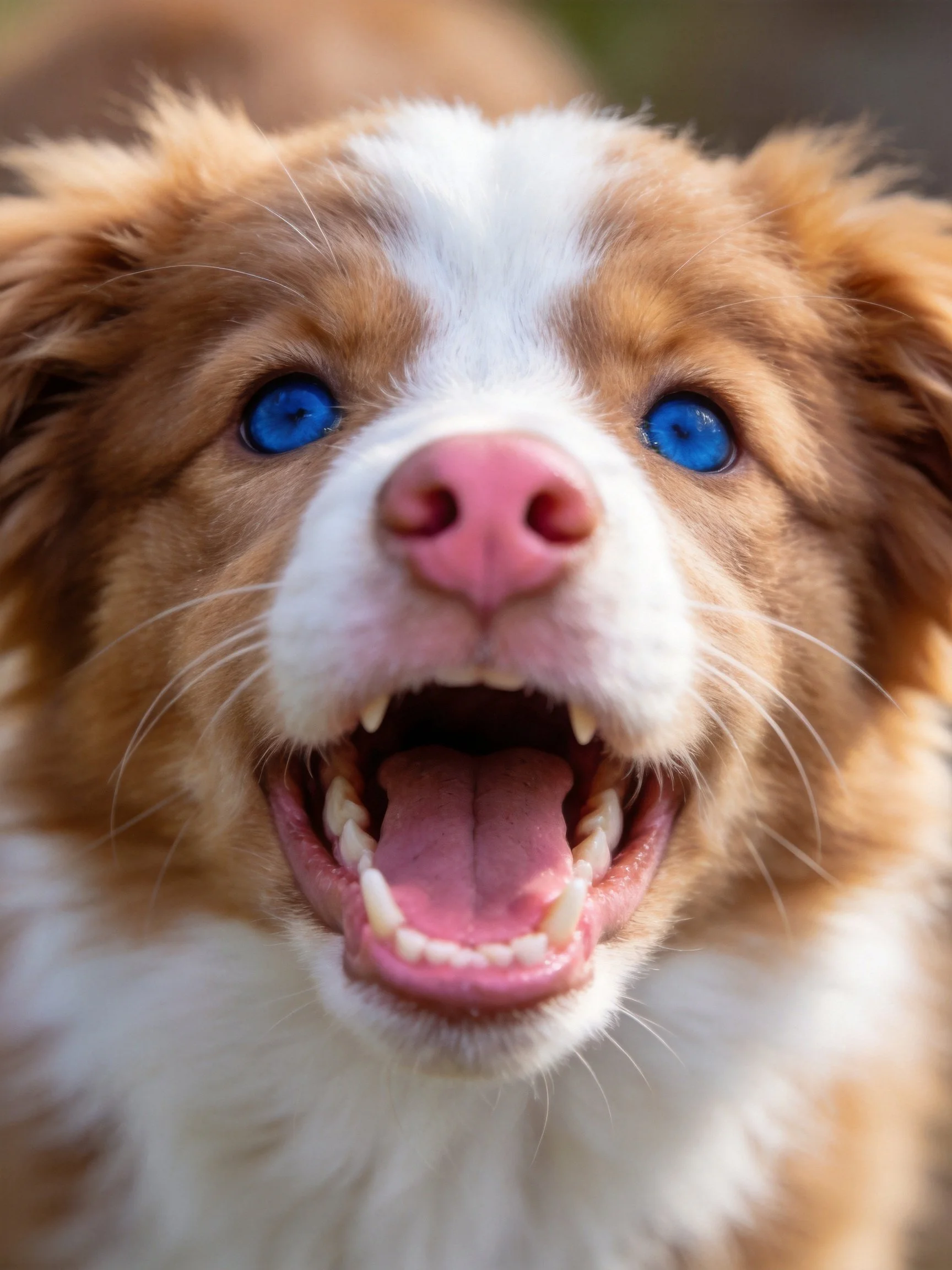 A joyful brown and white puppy displays its teeth and tongue while gazing forward.
