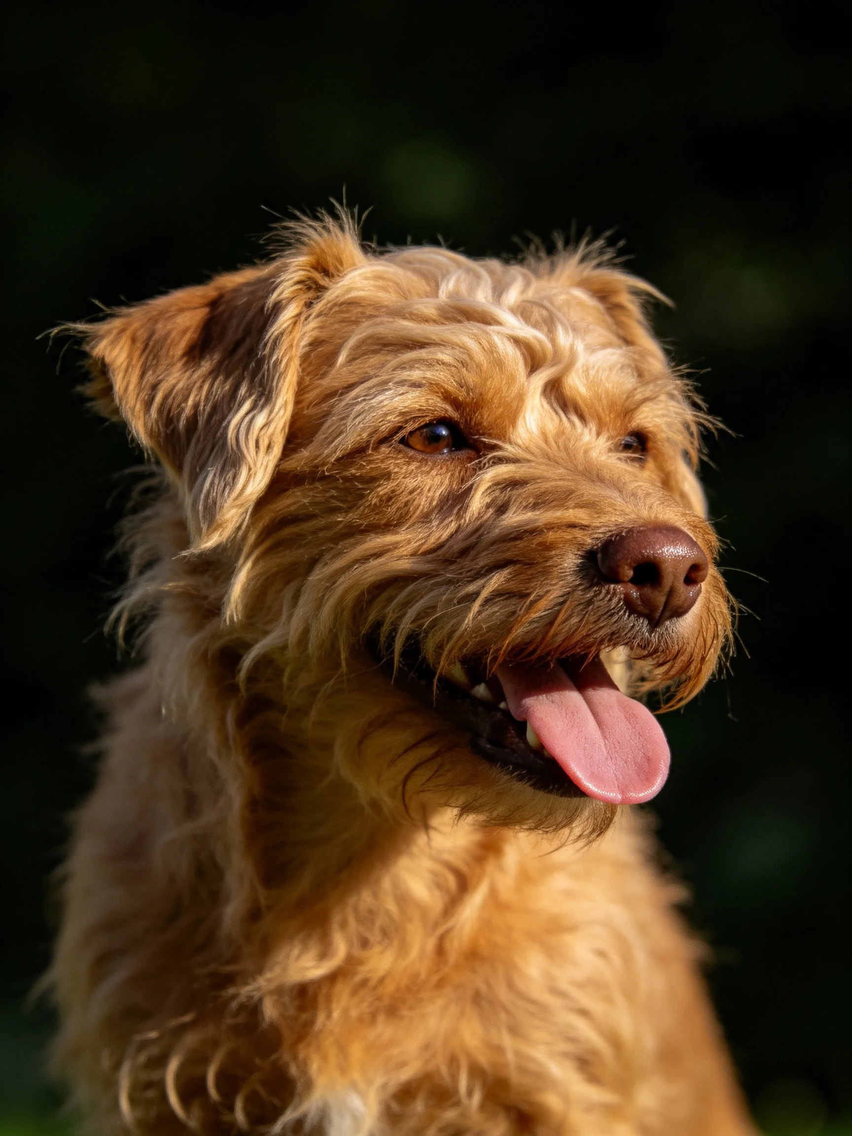 A cheerful brown curly-haired dog appears joyful with tongue out.