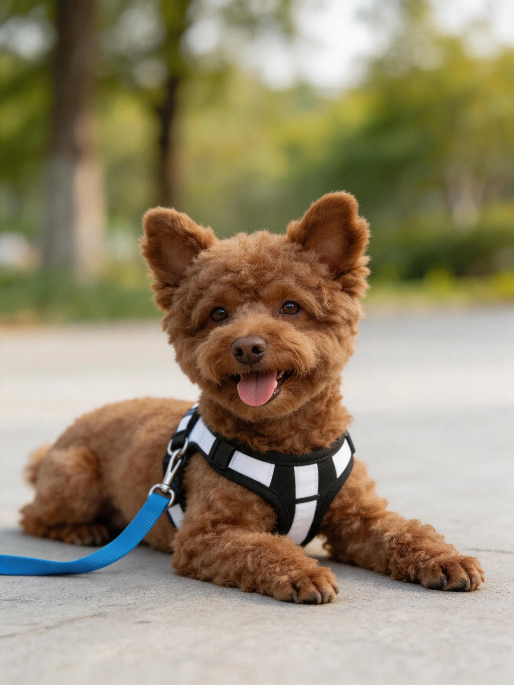 A cheerful brown dog lies outdoors in a black-and-white harness.