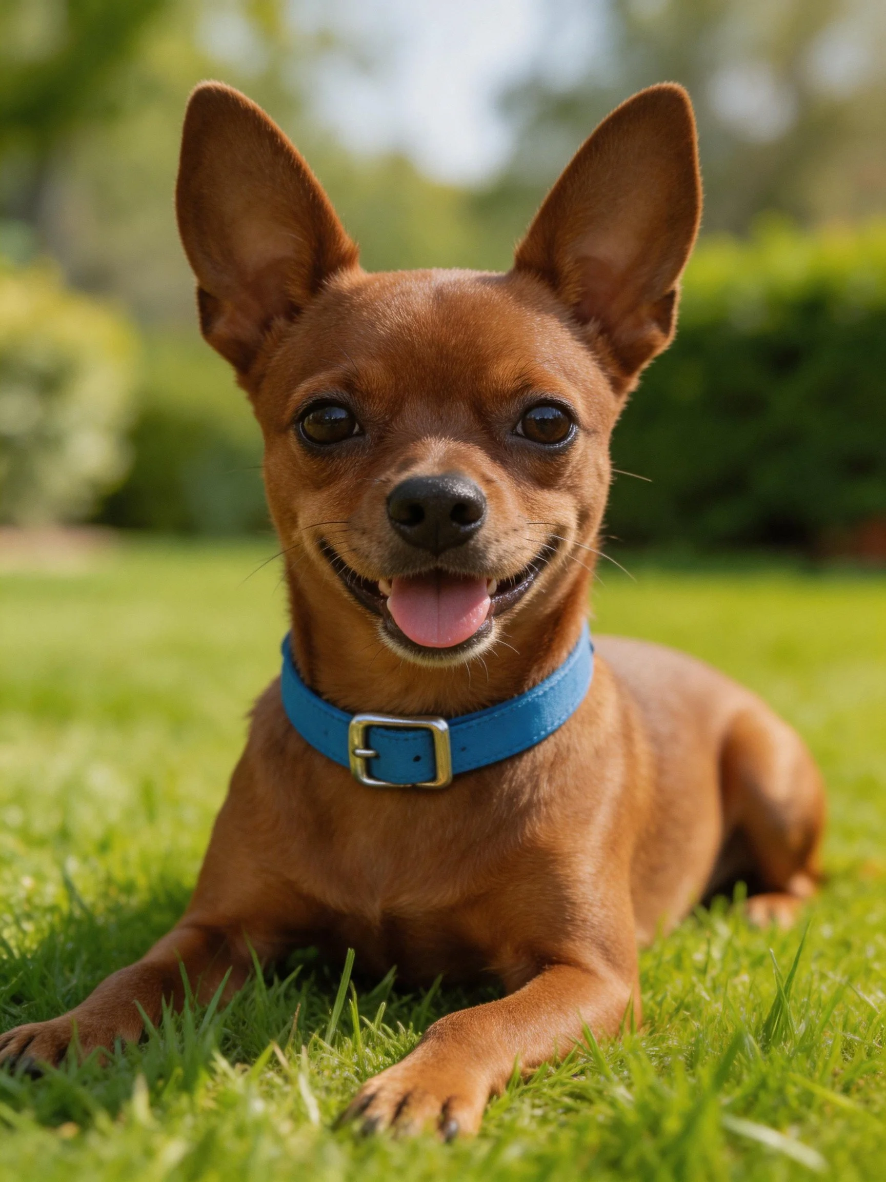 A cheerful brown dog relaxes on green grass while wearing a blue collar