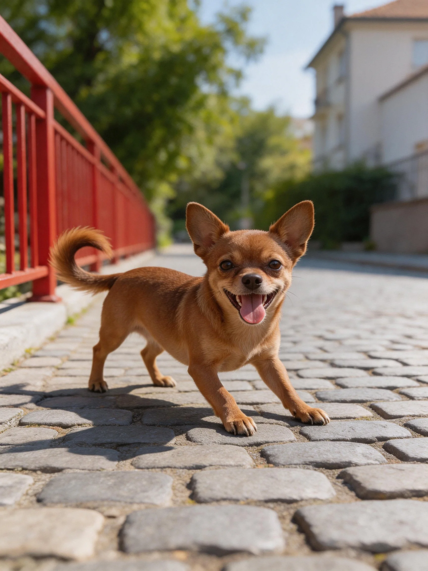 A cheerful brown dog stands on a cobblestone path beside a red railing.