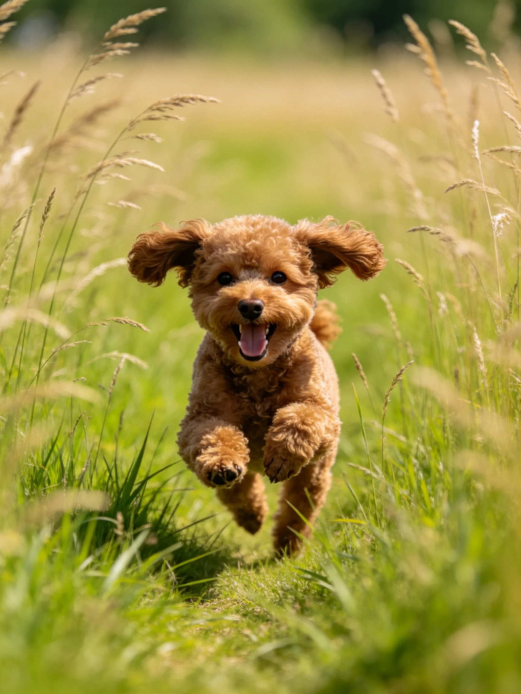 A joyful brown dog runs through a sunlit meadow of tall grass