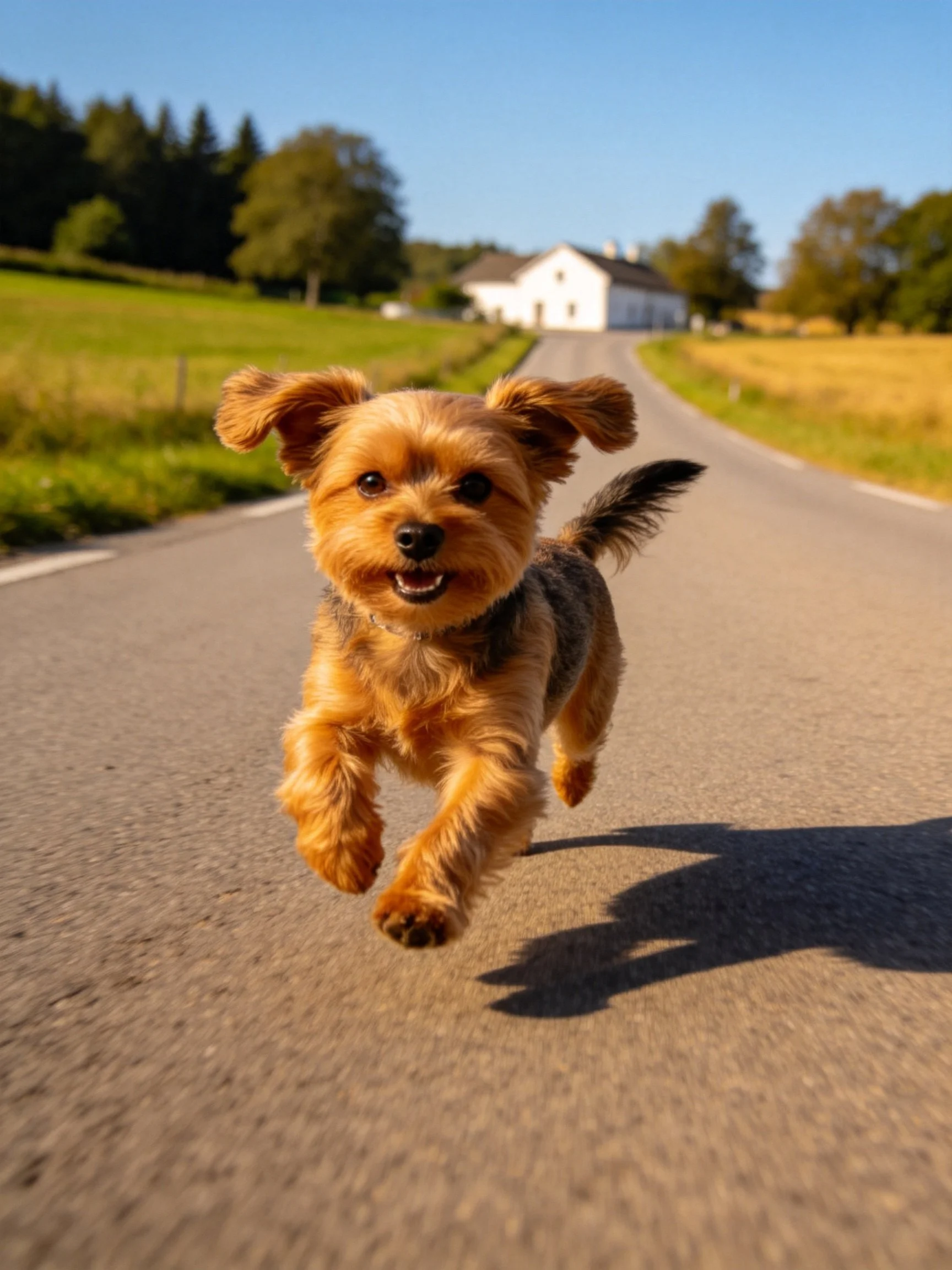 A small brown dog joyfully runs along a sunlit rural road.