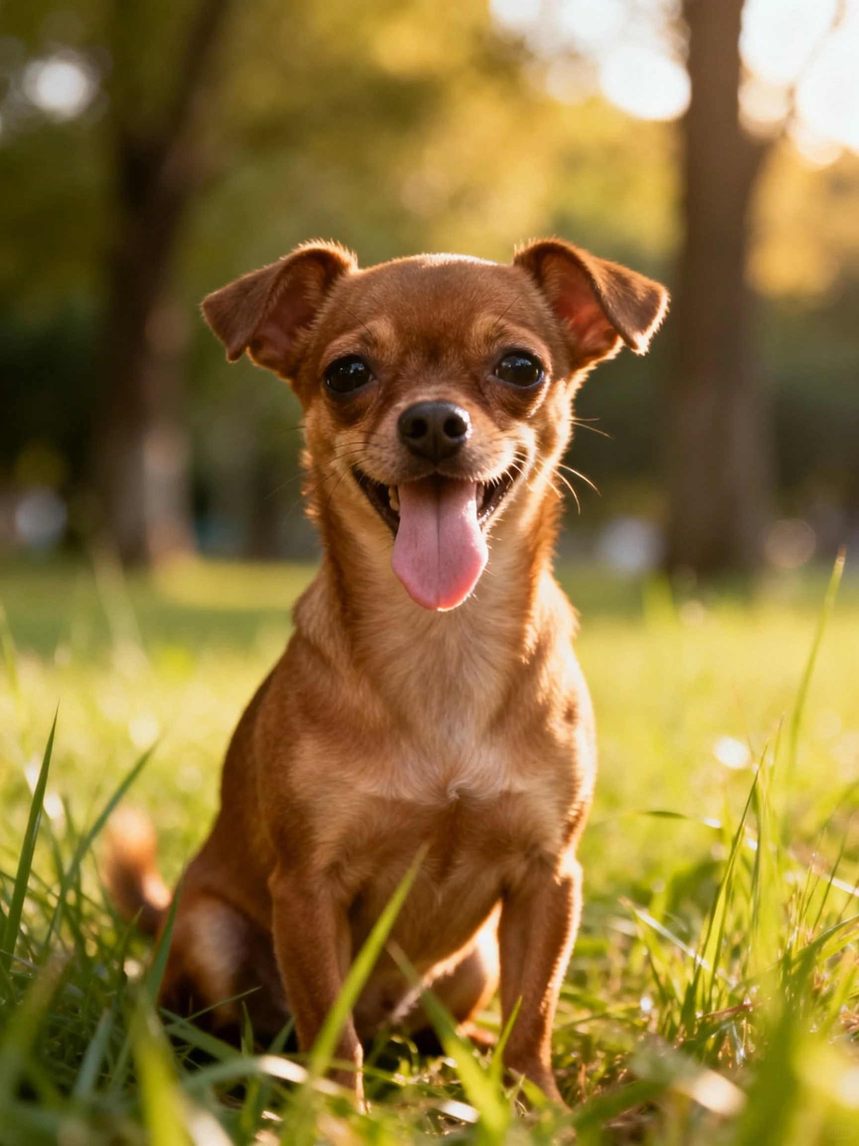 A cheerful brown dog sits happily on sunlit grass in a park.